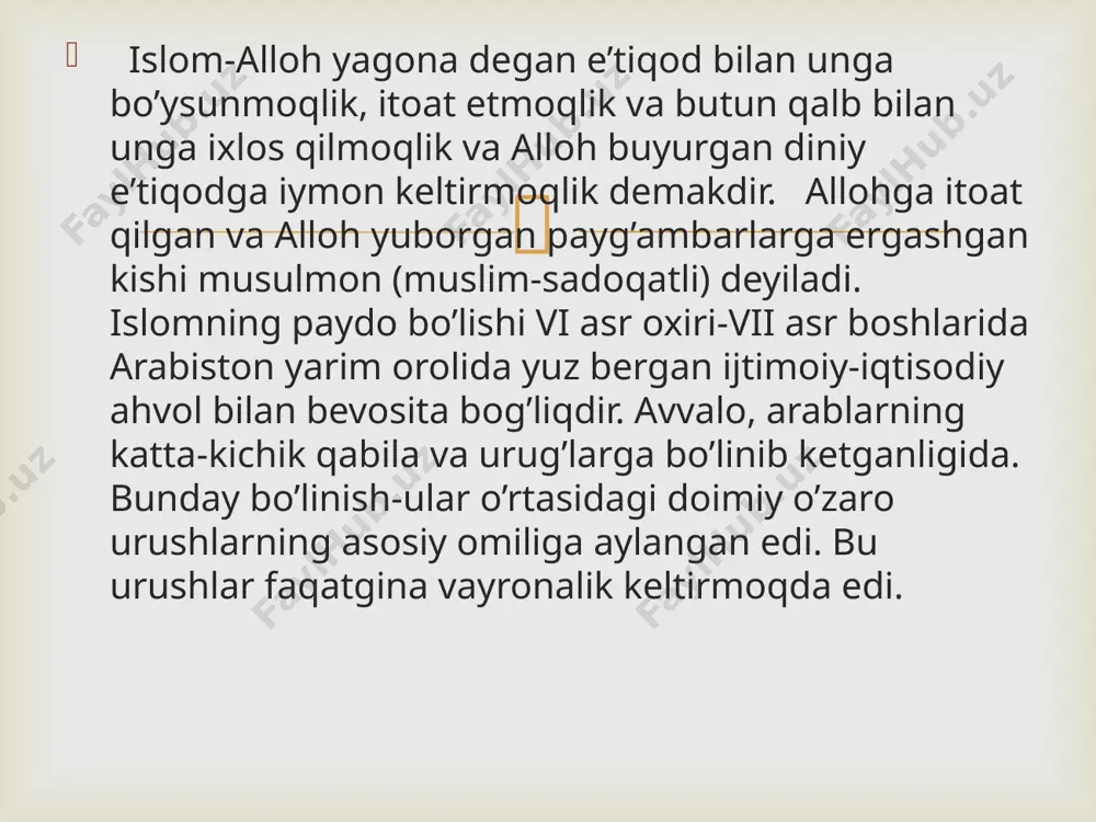 da to’laligicha imoni mufassal deb ataladi. shuningdek islomda “islom arkonlari” degan tushuncha ham mavjud. u 5 ta asosiy narsani- diniy marosim talablarini o’z ichiga oladi. bular: 1. kalimai shahodat 2. namoz o’qish 3. ro’za tutish 4. zakot berish 5. haj qilish bu 5 ta asosiy farzlardan tashqari janoza, sunnat, nikoh va qurbonlik qilish kabi muhim marosimlar ham mavjud.  boshqa dinlarda bo’lganidek islomda ham diniy bayramlar mavjud. bularning asosiylari-ro’za hayiti, qurbon hayiti va movlud ( muhammad payg’ambar tug’ilgan kun)dir. ramazon islom olamida muqaddas oylardan sanaladi. zikr qilinishicha hadisi sharifda bu haqda “ bu ummatim oyi , bunda yuz bergan gunohlar kechiriladi ” deyiladi ramazon haiti hijriy oylarning uchinchisi hisoblanmish shavval oyining birinchi kuni nishonlanadi . ramazon oyida 30 kun ro’za tutgan musulmonlar zimmalariga yuklatilgan farz amalini sog’ salolmat ado etib tugatganliklarimunosabati bilan xursandchilik izhor etish demakdir. qurbon haiti zulhilla oyining 10-kuni nishonlanadi. bu kunda qurbonlik qilinadi. qurbonlikollohga yaqin bolish uchun …