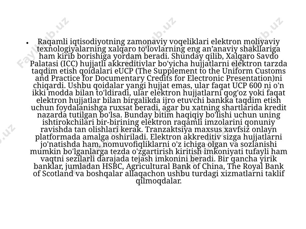 olingan ma'lumotlarni tekshirish iso 20022 xalqaro standarti doirasida mavjud bo'lgan maxsus tizim - tashqi savdo operatsiyalari bo'yicha ma'lumotlarni solishtirish uchun swift tomonidan maxsus yaratilgan swift tsu (trade services utility) (tsu) banklararo texnologik platformasi yordamida avtomatik ravishda amalga oshiriladi. akkreditivlar singari, bankning to'lov majburiyatlari ham ikkita asosiy ish printsipiga asoslanadi. ular asosiy majburiyatdan mustaqil, ya'ni, tashqi iqtisodiy shartnoma va qaytarib bo'lmaydigan, ya'ni, mablag' oluvchining roziligisiz bekor qilinishi yoki o'zgartirilishi mumkin emas. btm yordamida xalqaro to'lovlar sxemasi bank to'lov majburiyatlaridan foydalangan holda operatsiyada quyidagi asosiy bosqichlar ajratiladi 1. tashqi savdo shartnomasini imzolagandan so'ng, xaridor sotuvchiga xarid buyurtmasini yuboradi. 2. buyurtma asosida xaridor majburiyat beruvchi bankka btm uchun so'rov yuboradi. 3. majburiyat beruvchi bank bank to'lovi majburiyatini oluvchi bankka o'tkazadi, ikkinchisi esa sotuvchiga btmni tasdiqlaydi. 4. sotuvchi transport kompaniyasi orqali buyurtma qilingan tovarni xaridorga jo‘natadi. 5. sotuvchi oluvchining banki orqali btm shartlarida ko'rsatilgan ma'lumotlarni btm ma'lumotlar bazasiga yuboradi. to'lovni amalga oshirish uchun sotuvchi …
