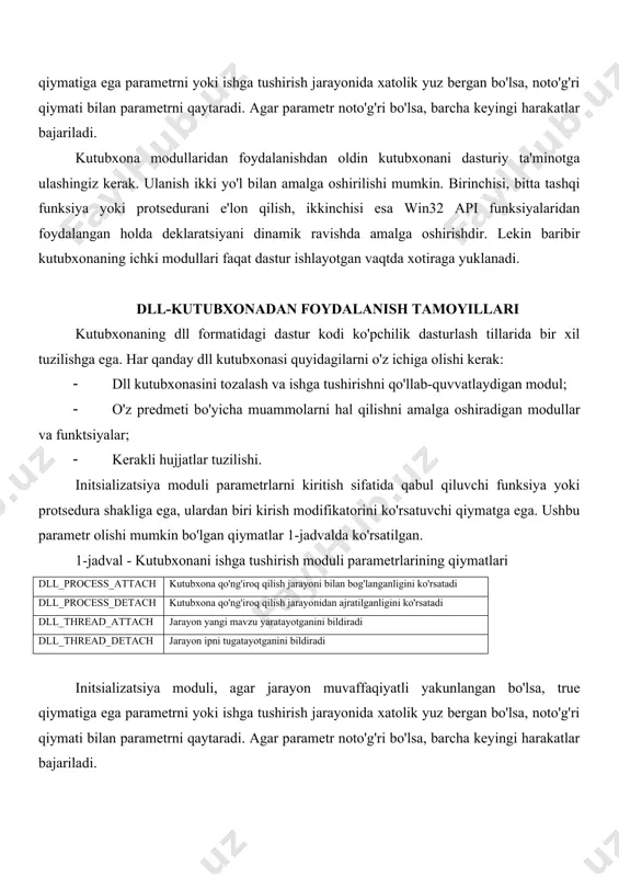 ning faqat bitta nusxasi saqlanishi kerak. statik kutubxonalardan foydalanilganda, operatsion tizim ushbu kutubxonaga muhtoj bo'lgan har bir dastur uchun kutubxona kodini xotiraga yuklashi kerak. · diskdagi joyni tejash. bitta dll-kutubxonani ko'plab dasturlar parallel ravishda ishlatganda, diskda ushbu kutubxonaning faqat bitta nusxasi saqlanadi. statik kutubxonalardan foydalanilganda, aksincha, har bir dastur uchun ushbu kutubxonaning alohida nusxasi yaratiladi. · dll-kutubxonalarni o'zgartirish va yangilashning qulayligi va soddaligi. agar siz dll kutubxonasini o'zgartirishingiz yoki to'g'rilashingiz kerak bo'lsa, kutubxonaga o'zgartirish kiritganingizdan so'ng, ushbu kutubxonadan foydalanadigan dasturni qayta kompilyatsiya qilishingiz yoki bog'lashingiz shart emas. biroq, statik kutubxonalarning ob'ekt kodidan foydalanganda, kichik o'zgarishlar bo'lsa ham, dasturni qayta kompilyatsiya qilishingiz yoki yana havola qilishingiz kerak bo'ladi. · chiqarilgan kutubxonalarga uzoq muddatli yordam ko'rsatish. imkoniyatlarni kengaytirish yoki yangi qurilmalarni qo'llab-quvvatlash uchun kutubxonaning funktsional imkoniyatlarini yangilash va qo'shish qulayligi bilan ta'minlangan. · ko'p tilli dasturlarni qo'llab-quvvatlash. dasturni ishlab chiqishda turli dasturlash tillaridan foydalanish kutubxonadan foydalanishga xalaqit bermaydi, agar dastur tili va …
