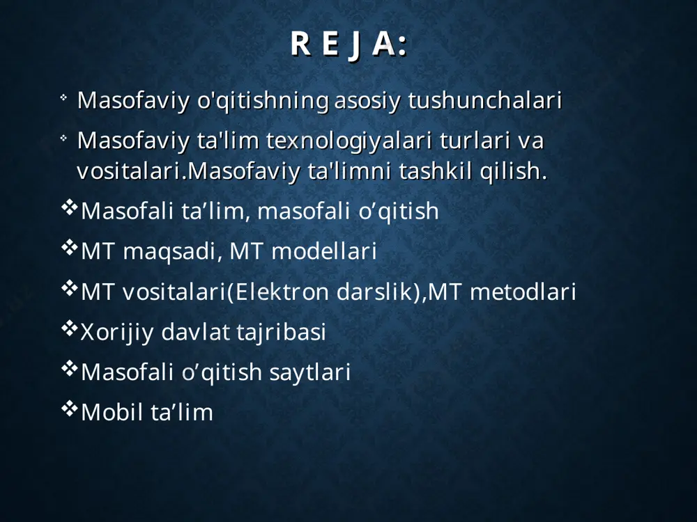 salan, an’anaviy bosma usuliga asoslangan o’qitish vositalari (o’quv qo’llanma, darsliklar) talabalarni yangi material bilan tanishtirishga asoslansa, interaktiv audio va video konferentsiyalar ma’lum vaqt orasida o’zaro muloqotda bo’lishga, elektron pochta to’g’ri va teskari aloqa o’rnatishga, ya’ni xabarlarni jo’natish va qabul qilishga mo’ljallangan. oldindan yozilgan videoma’ruzalar talabalarga ma’ruzalarni tinglash va ko’rish imkonini bersa, faksimal aloqa, xabarlar, topshiriqlarni tarmoq orqali tezkor almashinish talabalarga o’zaro teskari aloqa orqali o’qitish imkonini beradi. ayrim terminlar ta’rifi o’qitish - bu ma’lum bir maqsadga yo’naltirilgan tizimli bilim va ko’nikmalar bilan qurollangan jarayondir. ta’lim - bu o’qitishning natijasi bo’lib, shaxsiyatni tarbiyalash va rivojlantirishdir masofaviy o’qish - bu yangi axborot texnologiyalari, telekommunikatsiya texnologiyalari va texnik vositalariga asoslangan ta’lim tizimidir. u ta’lim oluvchiga ma’lum standartlar va ta’lim qonun-qoidalari asosida o’quv shart-sharoitlari va o’qituvchi bilan muloqotni ta’minlab berib, o’quvchidan ko’proq mustaqil ravishda shug’ullanishni talab qiluvchi tizimdir. bunda o’qish jarayoni ta’lim oluvchini qaysi vaqtda va qaysi joyda bo’lishiga bog’lik emas. masofaviy ta’lim — …
