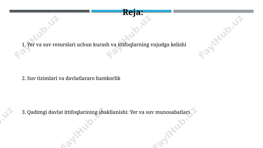 liyotlar va suv resurslarini boshqarish tizimlariga asoslanib, 1 million kishilik aholi bilan katta shaharlarni o'z ichiga olgan davlat birlashmasini yaratdi. suv resurslari uchun kurash vii-viii asrlarda amudaryo havzasidagi xorazm va margʻilon oʻrtasidagi suv resurslari uchun kurash, 200 dan ortiq qishloq xoʻjaligi yerlarini nazorat qilish uchun olib borilgan. qoraxoniylar davlatining parchalanishi (12-asr), qashqadaryo vodiysi va fargʻona vodiysida 30 dan ziyod qal’a va shaharlar o'rtasida suv resurslari uchun mahalliy miqyosdagi qurolli to'qnashuvlarga olib kelgan. davlat ittifoqlarining siyosiy tuzilishi qadimgi misrda, taxminan 3100 yildan avval, yuqori va quyi misrning birlashuvi natijasida kuchli markazlashgan davlat ittifoqi vujudga keldi, bu esa fir'avn hokimiyatining mustahkamlanishiga olib keldi. indus vodiysidagi qadimgi shahar-davlatlar, taxminan miloddan avvalgi 2600-1900 yillar oralig'ida, harappa va mohenjo-daro kabi yirik markazlar atrofida murakkab ijtimoiy va siyosiy tuzilmalarni rivojlantirishgan, ammo ularning o'zaro munosabatlari va ittifoqlarining tabiati hali ham tortishuvlar mavzusidir. yer egaligi va ijtimoiy ierarxiya qadimgi misrda, nil daryosi boʻylab 3000 yildan ortiq davom etgan …