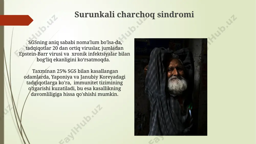 oq sindromi (cfs) diagnostik mezonlariga ko'ra, ruhiy kasalliklar, jumladan, depressiya, tashvish va bipolyar buzuqlik, 30% dan ortiq holatlarda asosiy yoki qo'shimcha sabab sifatida aniqlangan. vujudda suvsizlanish suvsizlanish natijasida qon qovushqoqligi ortadi, bu esa yurak-qon tomir tizimiga ortiqcha yuk tushishiga va organizmning kislorod bilan ta'minlanishini yomonlashishiga, natijada jiddiy charchoq va umumiy holsizlikka olib kelishi mumkin vujudda suvsizlanish, hatto 2% gacha suv yo'qotish ham, 20-30 yoshdagi sog'lom odamlarda ham, diqqatni jamlash qobiliyatini pasaytirib, charchoq va bosh og'rig'iga olib kelishi mumkin. bu samarqand davlat universiteti tadqiqotlarida tasdiqlangan. surunkali kasalliklar surunkali charchoq sindromi (sfs) surunkali kasalliklar bilan bog'liq bo'lib, taxminan 20% hollarda uyqu buzilishi, mushak og'rig'i va 2 yildan ortiq davom etadigan konsentratsiya qilish qiyinchiliklari bilan namoyon bo'ladi. surunkali kasalliklar, masalan, diabet, yurak-qon tomir kasalliklari yoki surunkali buyrak yetishmovchiligi kabi, jahon miqyosida 60% dan ortiq o'limga sabab bo'ladi, xususan, 50 yoshdan oshgan aholi orasida aqsh va yevropa mamlakatlarida. fibromiyalgiya fibromiyalgiyaning asosiy alomatlaridan biri bo'lgan …