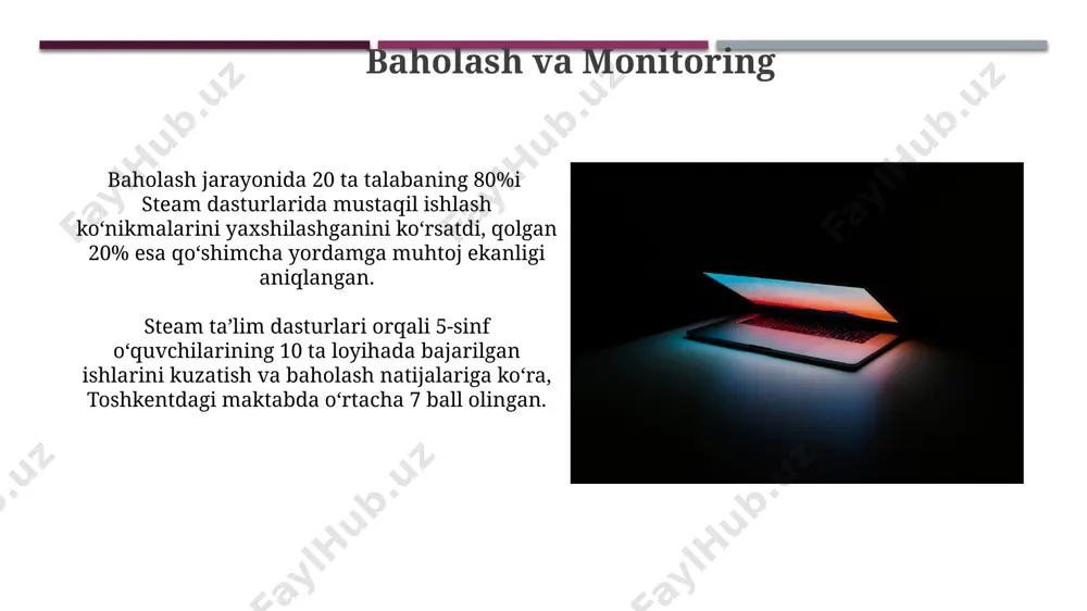 ko'tarishga hissa qo'shdi. steam ta'limi samarqanddagi ta'lim muassasalarida qo'llanilishi natijasida o'quvchilarning muammo yechish qobiliyatlari 25% ga oshganligi aniqlandi, bu esa ularning innovatsion fikrlash usullarini rivojlantirishga yordam berdi. o'quvchilarning ishtiroki steam ta'limi samarqanddagi 20 nafar o'quvchida dasturlash bo'yicha 30% ga yuqori ishtirokni ta'minladi, bu an'anaviy usullar bilan taqqoslaganda sezilarli o'sishni ko'rsatdi. o'quvchilarning 75% dan ortig'i toshkentdagi maktablarda steam loyihalarida faol ishtirok etib, muammolarni hal qilish va jamoaviy ishlarni bajarish ko'nikmalarini rivojlantirdilar. steam ta'limi nima? steam ta'limi orqali o'quvchilar 3d printerlar, robotlar va boshqa zamonaviy texnologiyalar bilan ishlashni o'rganib, amaliy loyihalar orqali nazariy bilimlarni mustahkamlaydilar va turkiston kabi mintaqalarda ham qo'llanilishi mumkin. steam ta'limi 5 ta asosiy fan — fan, texnologiya, muhandislik, san'at va matematika — ni birlashtirib, 21-asr ko'nikmalarini, masalan, muammo hal qilish va innovatsion fikrlashni rivojlantirishga qaratilgan o'quv yondashuvidir. savol-javob o'zbekistonning 5 ta yirik shaharlaridagi maktablarida steam education dasturiy ta’minotidan foydalanish samaradorligini o'rganish bo'yicha o'tkazilgan tadqiqotlar shuni ko'rsatdiki, o'quvchilarning texnologiyalarni …