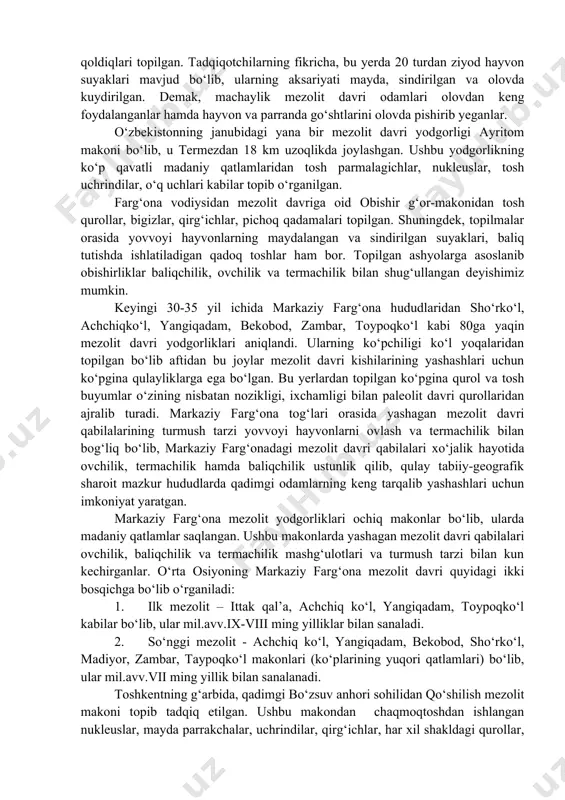 an 1 metr oralig‘ida bo‘lgan 2 ta madaniy qatlam bo‘lib, ushbu qatlamlardan ko‘plab suyak va asosan tosh qurollar topilgan. suyak qurollar bigiz, igna, so‘zan kabilardan iborat bo‘lsa, tosh qurollar -pichoqlar, arrasimon qurollar, kesgichlar, ushatgich toshlar, nayza va o‘q uchlari kabilardir. bu qurollarning o‘ziga xos belgilari mavjud bo‘lsa ham janubiy qozog‘iston va yaqin sharqdagi mezolit yodgorliklaridan topilgan tosh qurollarga o‘xshab ketadi. machay makoni topilmalarining eng ahamiyatli tomoni shundaki, bu yerdan antropologik topilmalar - odam bosh suyaklari, tishi, jag‘i va boshqa a’zolari qoldiqlari topilgan bo‘lib, bu topilmalarni o‘rganish tadqiqotchilarga o‘rta osiyoning janubidagi mezolit davri kishilarining yevropoid irqiga mansub ekanligini aniqlash imkonini berdi. odam suyaklaridan tashqari machayning madaniy qatlamlaridan bo‘ri, tulki, bars, mo‘ynali suvsar, quyon, jayra, olmaxon kabi hayvonlarning ham suyak qoldiqlari topilgan. tadqiqotchilarning fikricha, bu yerda 20 turdan ziyod hayvon suyaklari mavjud bo‘lib, ularning aksariyati mayda, sindirilgan va olovda kuydirilgan. demak, machaylik mezolit davri odamlari olovdan keng foydalanganlar hamda hayvon va parranda …