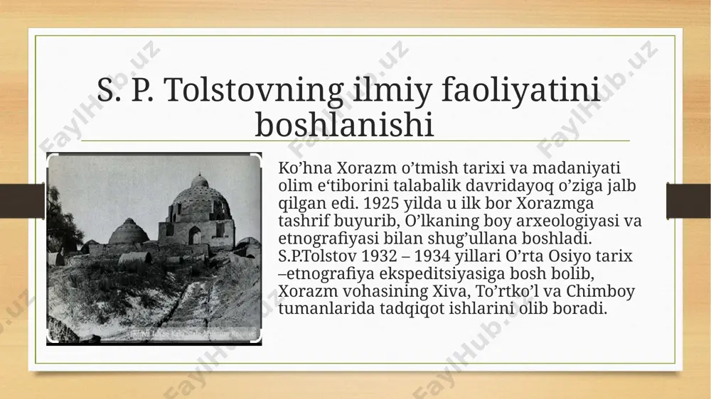rafiya ekspeditsiyasi tomonidan qayta tatqiq qilingan. “xorazm’’ atamasi tarixi s.p.tolstovning o‗zi bu borada qanday farazni ilgari suradi? uning nazarida, «bizni qiziktirayotgan termin asosida etnik nom yotadi, deb faraz qilsak, u holda «xorazm» («xvarri yoki xarri xalqining eri») so‗zi (shunisi diqqatga sazovorki, yoqut xiii asrlardayoq«xorazm»so‗zidagi «r» tashdid ostida, ya‘ni ikkilanib o‗kilishini ko‗rsatib, arab shoiri asadiyning «xorazm» so‗zi ikkita « r» bilan yozilgan she‘ridan parcha keltiradibizni sharqiy yafet qabilalari etnografiyasi olamiga eltadi va mitanni davlatining asoschilari bo‗lgan qabila nomi—«xurrit» bilan «xarri» yoki «xurri» o‗rtasida o‗xshashlik borligini ko‗rsatadi. hozircha biz yangi eradan avvalgi 3-2 ming yilliklarga (old osiyoda tarix maydonida xurritlar paydo bo‗lgan davr) oid xorazm madaniyati to‗g‗risida juda kam ma‘lumotga ega bo‗lganimiz sababli bu haqda biror aniq fikr aytish qiyin, lekin xorazm bilan mitanni o‗rtasida aloqalar bo‗lganligi shubhasiz. shuni qayd qilish lozimki, shaushatar (1 va 11) nomli mashhur mitanni podshohlarining ismi bilan xorazm podshohlarining abu rayhon beruniy keltirgan, xitoy axborotlari va numizmatika …