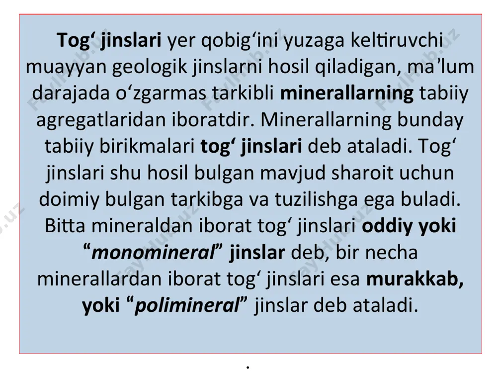 radi. ular asosan devorbop donali tosh va blok- lar tayyorlashda ishlatiladi (issiq saqlash xususiyati yuqori bo‘lganligi uchun). tabiiy tosh materiallar mustahkam, chidamli va issiq o‘tkazmaydigan bo‘lishi kerak. toshning mustahkamligi uning markasi bilan belgilanadi. toshlarning markasi ulardan tayyorlangan namunalarni siqilishdagi muvaqqat qarshiligi bo‘yicha aniqlanadi. siqilishga mustahkamlik chegarasi bo‘yicha tabiiy tosh materiallar quyidagi guruhlarga bo‘linadi: yuqori mustahkam (30...100 mpa); o‘rtacha mustahkamli (3,5...25 mpa) va mustahkamligi past (0,4...2,5 mpa); sovuqqa chidamliligi bo‘yicha tabiiy tosh materiallarning f10, 15, 25, 35, 50, 100, 150, 200 va 300 markalari mavjud. zich tosh materiallar sovuqqa chidamli bo‘ladi. porforsimon toshlar esa sovuq ta’sirida yorilib ketishi mumkin. suvga chidamlilik darajasiga ko‘ra (yumshash koeffitsienti bo‘yicha) tosh materiallar 0,6; 0,75; 0,9 va 1 ko‘rsatkichli guruhlarga bo‘linadi. doimo suv ta’sirida bo‘ladigan materiallar uchun ushbu koeffitsient 0,8 dan, tashqi devor uchun esa 0,6 dan kam bo‘lmasligi kerak. yo‘l qoplamalari, sanoat binolarining pollari uchun mo‘ljallangan materiallarga qo‘shimcha talablar qo‘yiladi (ishqalanib yedirilish, yeyilishga yuqori chidamlilik …
