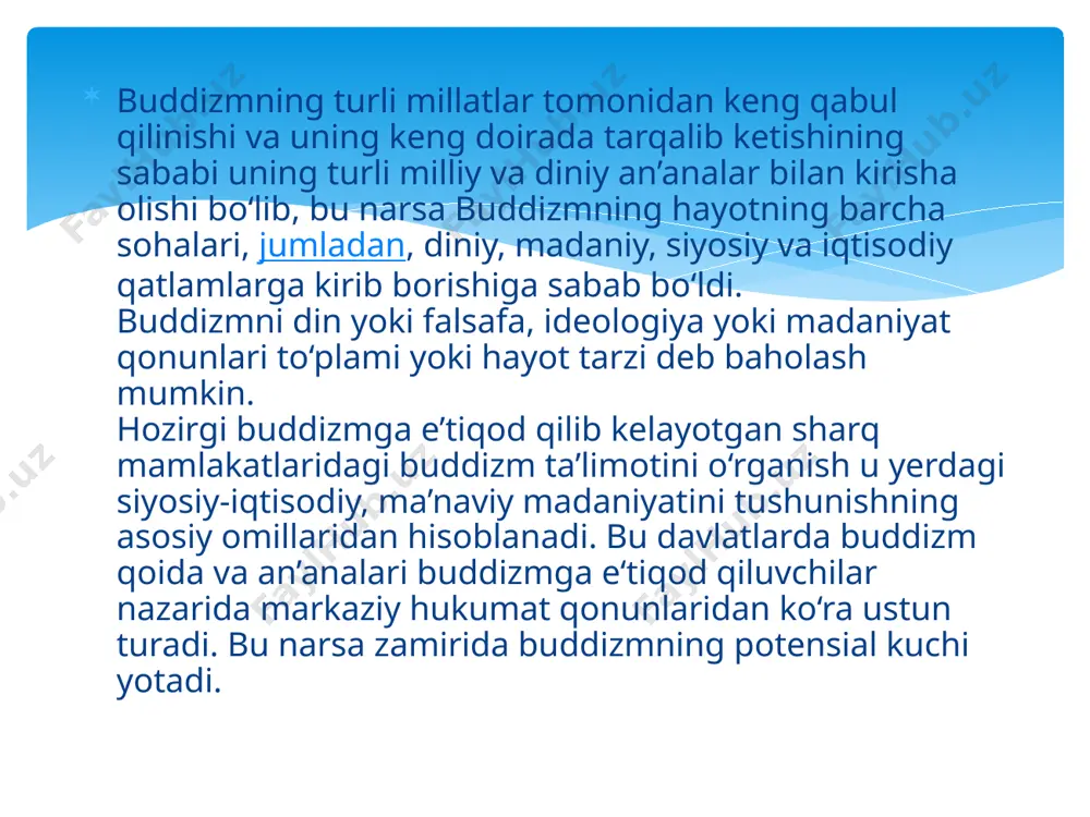 yaralmaydi. lekin har bir hodisa yoki harakatning birlamchi sababini aniqlash mumkin emas. shuning uchun buddizm dunyoni shu holicha qabul qilishga chaqiradi ikkinchi haqiqat - “qiynoqlarning sabablari mavjuddir”. inson moddiy narsalar yoki ma’naviy qadriyatlardan foydalanib, ularni haqiqiy va doimiy deb hisoblaydi va doimo ularga ega bo‘lishga intiladi. bu intilish hayot davomiyligiga olib boradi. yaxshi yoki yomon niyatlardan tuzilgan hayot daryosi, orzular va intilishlar sababli kelajak hayot uchun karma hozirlaydi. demak, qayta tug‘ilish, yangitdan qiynoqlarga duchor bo‘lish davom etadi. buddistlar fikricha buddadan keyin hech kim nirvana holatiga erisha olmagan. uchinchi haqiqat - “qiynoqlarni tugatish mumkin”. yaxshi yoki yomon niyatlar, intilishlardan butunlay uzilish nirvana holatiga to‘g‘ri keladi. bu holatda inson qayta tug‘ilishdan to‘xtaydi. nirvana holati buddistlar fikricha “hayot g‘ildiragidan” tashqariga chiqish. “men” degan fikrdan ajralib, insonning hissiy tuyg‘ullarini to‘la tugatishdir. to‘rtinchi haqiqat - qiynoqlardan qutilish yo‘li mavjuddir. bu yo‘l - “sakkizta narsaga amal qilish, to‘g‘ri tushunish, to‘g‘ri harakat qilish,. to‘g‘ri muomalada bo‘lish, fikrni …