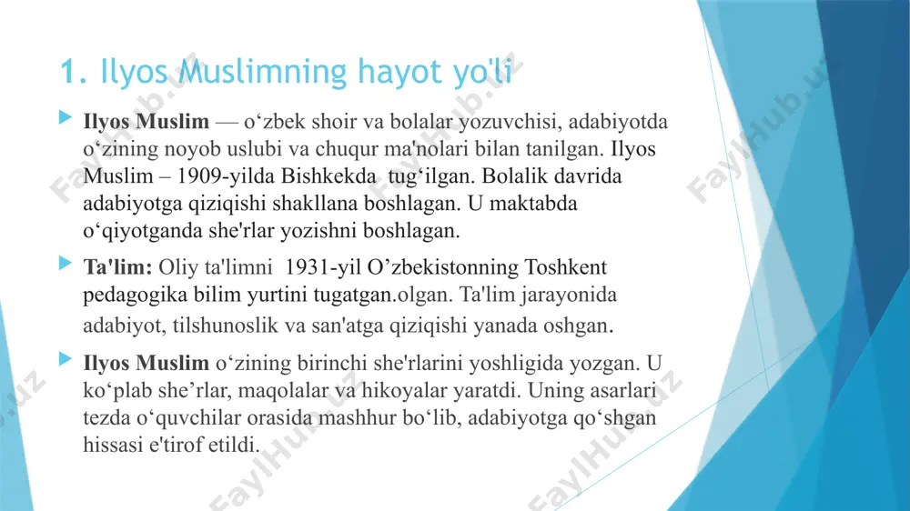 ti tarixi" - bu kitobda o'zbek adabiyotining rivoji va uning namoyandalari, jumladan, ilyos muslim haqida ma'lumotlar keltirilgan. 2. "ilyos muslim" - o'zbekiston respublikasi fanlar akademiyasi tomonidan nashr etilgan monografiya yoki ilmiy maqolalar, unda uning hayoti va ijodiga oid tahlillar mavjud. 3. "o'zbek shoirlari" - bu to'plamda ilyos muslimning she'rlari va uning ijodiy uslubi haqida ma'lumotlar berilgan. 4. "adabiyotshunoslik" - o'zbek adabiyotshunoslari tomonidan yozilgan ilmiy maqolalar, ilyos muslimning ijodiga bag'ishlangan bo'lishi mumkin. 5. tadqiqotlar va dissertatsiyalar - o'zbekiston universitetlarida ilyos muslimning ijodi haqida yozilgan dissertatsiyalar va tadqiqotlar. 6. internet manbalari - o'zbek adabiyoti va madaniyati haqida ma'lumot beruvchi veb-saytlar, bloglar va onlayn maqolalar. image1.jpeg image2.jpeg /docprops/thumbnail.jpeg