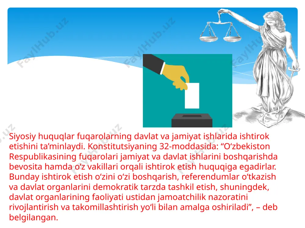 hga urinmasligi kerak. shunday hollar bo‘lsa, aybdor shaxslar jazolanadi. fuqarolarning murojaatlariga keyingi vaqtda e’tibor yanada kuchaytirildi. bunga misol qilib, o‘zbekiston prezidentining 2016 yil 28 sentyabrdagi «jismoniy va yuridik shaxslarning murojaatlari bilan ishlash tizimini tubdan takomillashtirishga doir chora-tadbirlar to‘g‘risida»gi farmonini ko‘rsatish mumkin. murojaatlar bilan ishlash va ularning ahamiyatini «xalq qabulxonalari» va «prezidentning virtual qabulxonalari»ning tashkil qilinishi yanada yuqori pog‘onaga ko‘tardi. e’tiboringiz uchun tashakkur! image2.png image3.png image4.jpeg image5.jpeg /docprops/thumbnail.jpeg