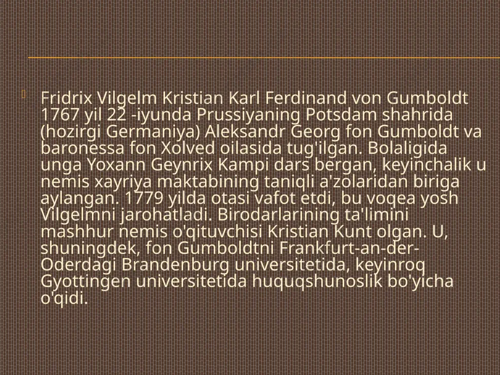 slohotlarni amalga oshirdilar. garchi fon gumboldt prussiya ta'lim vaziri sifatida ishlagan bo'lsa ham, u o'zini hech qachon prussiya amaldori deb hisoblamagan. u prussiya shtatining chegaralaridan oshib ketadigan ta'lim tizimini qo'llab -quvvatladi - u butun insoniyatga foyda keltiradigan universal ta'lim tizimini qidirdi. vilgelm fon gumboldt butun dunyo bo'ylab sayohat qilib, er yuzida insoniyat taraqqiyotini tartibga soluvchi qonunlarni topdi. u bu maqsadni qo'llab -quvvatlaydigan ta'lim tizimini loyihalash uchun hayotning maqsadini topmoqchi edi. u bilimni inson hayotida o'ta muhim deb topdi va shu tariqa, odamlarning bilim izlashda har qanday cheklovdan ozod bo'lishi kerakligini ta'kidladi. shtat hukumati va hatto ota -onalarning vakolatlari inson taraqqiyotiga potentsial tahdid sifatida qaraladi, chunki ularning vakolatlari insonning normal o'sishiga to'sqinlik qilishi mumkin. u bolalar huquqlari va davlat ichidagi shaxslarning maksimal erkinligini himoya qildi. biroq, fon gumboldt individualizm insoniyat taraqqiyotining maqsadi ekanligiga ishonmagan. u bilimli insonlar dunyoning rivojlanishi uchun zarur deb hisoblardi, shuning uchun u dunyo muammolarini hal qilishda faol …