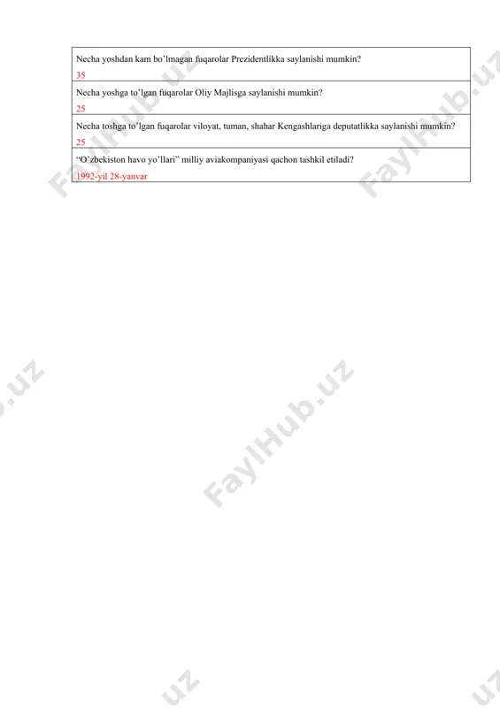 kiston respubikasida bosh vazir virtual qabulxonasi va prezident xalq qabulxonalari nechanchi yilda tashkil etildi? 2019-yildan boshlab yurtimizda “xalq bilan muloqot va inson manfaatlari yili” deb e’lon qilingan yilni aniqlang. 2017-yil prezidentimiz sh.mirziyoyev bmt bosh assambleyasining 75 yillik videokonferensiyasida qachon nutq so‘zlagan edi? 2020-yil 23-sentabr prezident qarori bilan o’zbekiston respublikasi ekologiya va atrof-muhitni muhofaza qilish davlat qo‘mitasi qachon tashkil etildi? o‘zbekiston ekologik partiyasi qachon tashkil etildi? 2019-yil 8-yanvar 1991 yilda yurtimizda qaysi allomaning 550 yilligi nishonlangan edi? alisher navoiy yurtimizda ahmad al-farg’oniyning 1200 yillik yubileyi qachon nishonlangan edi? 1998-yil yurtimizda imom al-buxoriyning 1125 yillik yubileyi qachon nishonlangan edi? 1998-yil toshkent shahrida alisher navoiyning haykali qachon ochilgan? 1991-yil o’zbekistonda an’anaviy “sharq taronalari” xalqaro musiqa festivali qaysi shaharda o’tkazib kelinmoqda? samarqandda yurtimizda xiva va buxoro shaharlarining 2500 yillik yubileylari qachon nishonlangan edi? 1997-yil 2014-yil braziliyada bo’lib o’tgan futbol boyicha jahon chempionatida 9 ta oyinni boshqargan hakam sifatida tarixga kirgan o’zbek hakamini toping. ravshan …