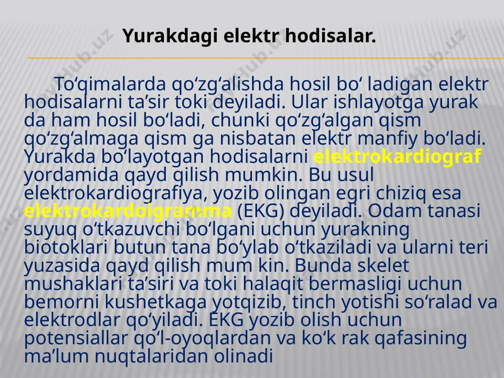 unga tarqalganida qrs tish chalari hosil bo‘ladi. t tishcasi qorinchalar qo‘zg‘alishining tugaganini ko‘rsatadi. shunday qilib p tishchasi ekgni bo‘lmacha qismini hosil qilsa, q r s t tishchalari majmuyi qorinchalar qismini hosil qiladi ekgni chizmasi: 1–bo‘lmachalarning qo‘zg‘alishi. 2–qorinchalarning qo‘zg‘alishi. tishchalarning balandligi: p = 0,05 mv; r = 1,6 mv; t = 0,25 – 0,5 mv. ekg yurak ritmini, yurakning o‘tkazuvchi tizimida qo‘zg‘alishning o‘tkazishni buzilishini, ekstrasistoliya, ishemiya, yurak infarkti paydo bo‘lganida, qo‘zg‘alish-ning qo‘shimcha o‘choqlarini hosil bo‘lishini tek shirishda yordam beradi. kichik qon aylanish doirasi qon tomirlari kichik (o‘pka) qon aylanish doirasi o‘pka kapillyarlaridagi qon bilan o‘pka alveolalari o‘rtasida gaz almashinuvini ta’minlaydi. uning tarkibiga o‘ng qorinchadan boshlanuvchi o‘pka poyasi, o‘ng va chap o‘pka arteriyalari tarmoqlari bilan, o‘pkaning mikrosirkulyator oqimi va ulardan qon yig‘ib chap bo‘lmachaga quyiluvchi ikkita o‘ng va ikkita chap o‘pka venalari kiradi. katta qon aylanish doirasi qon tomirlari katta qon aylanish doirasi qon tomirlariga yurakning chap qorinchasidan boshlanuvchi aorta, undan chiqqan …