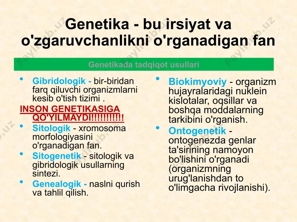o'lib, mustaqil taqsimlanmaydi. gomozigota toza chiziq. dominant (a) yoki retsessiv allellarni (a) olib yurishi mumkin. fenotipik jihatdan farq qiluvchi ikkita gomozigotani kesib o'tishdan boshlab, 1-avlodning barcha avlodlari bir xil bo'ladi. bo'linmaydi. belgilangan: aa, aa - monogomozigota. aabb, aavv - digomozigot. geterozigota ikki xil allelni (bir yoki bir nechta genlarni) olib yuradi. ikki geterozigotaning kesishishidan naslda genotipning 1:2:1 nisbatda bo‘linishi va 3:1 fenotipi kuzatiladi. geterozigota va gomozigotani kesib o'tganda 1:1 (1:1:1:1) bo'linish kuzatiladi. belgilangan: aa - monoheterozigot. aabb diheterozigotdir. xoch turlari monogibrid - bir juft xususiyatlarda farq qiluvchi shaxslarning kesishishi. di- va poligibrid - ikki yoki undan ortiq juft belgilar bilan farq qiluvchi shaxslarning kesishishi. teskari - gibridni ota-ona shakllaridan biri bilan kesib o'tish. tahlil qilish - noma'lum genotipli gibrid yoki individni retsessiv xususiyat uchun individual homozigot bilan kesishish ( ♀ a_ * ♂ aa). o'zaro - kesishgan shakllarda tahlil qilingan belgi va jinsning o'zaro qarama-qarshi kombinatsiyasi bilan tavsiflangan juft xochlar …