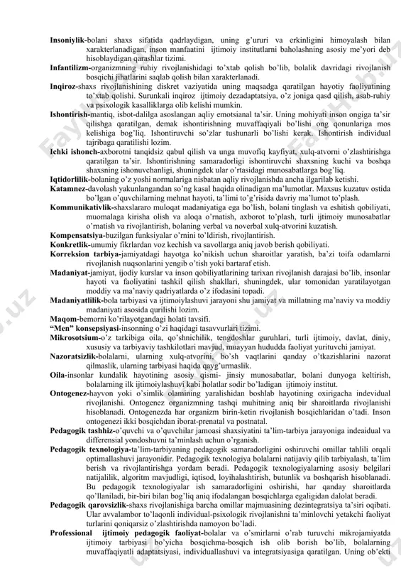 qsad va vazifalarini belgilashning alohida usuli. ta’lim mazmuni – davlat ta’lim standartlari asosida belgilab berilgan hamda ma’lum sharoitda muayyan fanlar bo‘yicha o‘zlashtirilishi nazarda tutilgan ilmiy bilimlar mohiyati. ta’lim maqsadi (o‘qish, bilim olish maqsadi) – ta’limning aniq yo‘nalishini belgilab beruvchi etakchi g‘oya. ta’lim metodlari – ta’lim jarayonidaqo‘llanilib, uning samarasini ta’minlovchi usullar majmui. ta’lim muassasi ustavi – ta’lim muassasasiga rahbarlik mohiyatini yorituvchi hamda uning faoliyatini boshqarish tizimini aniqlovchi hujjat. ta’limni boshqarish – ta’lim muassasalarining faoliyatini yo‘lga qo‘yish, boshqarish, nazorat qilish hamda istiqbollarini belgilash masalalarini o‘rganadi. tushuntirish - o‘quv materiali mazmunini isbot, tahlil, umumlashma, taqqoslash asosida bayon qilish. uzluksiz ta’lim – malakali, raqobatbardosh kadrlar tayyorlashning asosi bo‘lib, ta’limning barcha turlarini, davlat ta’lim standartlarini, kadrlar tayyorlash tizimining tuzilmasi va uning faoliyat ko‘rsatish muhitini o‘z ichiga oladi; o‘qituvchi (pedagog) – pedagogik, psixologik va mutaxassislik yo‘nalishlari bo‘yicha maxsus ma’lumot, kasbiy tayyorgarlik va ma’naviy-axloqiy sifatlarga ega hamda ta’lim muassasalarida faoliyat ko‘rsatuvchi shaxs. o‘quv dasturi – muayyan o‘quv …