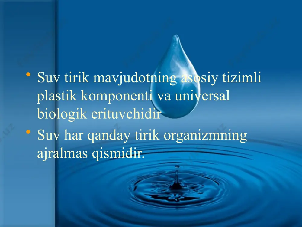 sh (infuzion terapiya uchun qo'shimcha suyuqlik miqdori) gipertermiya har bir 1 gr uchun 37 dan ortiq 6 soat – kuniga 10 ml/kg tachipne har bir 20 nafas olish harakati uchun yosh normasidan yuqori-kuniga 15 ml / kg ko'p terlash bir soat davomida 10-20 ml / kg tez-tez qayt qilish kuniga 10-20ml / kg ichak parezisi ii daraja – 20ml/kg/kun, iii daraja - 40 ml/kg/kun diareya ii daraja - 20 ml/kg / kun, iii daraja-40 ml / kg/kun kaviter operatsiyalarida perspiratsiya orqali suvni yo'qotish 6-8 ml / kg / s kengaytirilgan ivl 25-30 мл/кг/сут kuyishlar, 1 kun fp + 4% har bir 1% kuyish maydoni uchun 9 7 слайд 10 oshqozon-ichak traktida suv balansi 11 302261640 suv-tuz metabolizmini gormonal regulasiyasi adg sekresiyasi gipotalamus osmoreseptorlari tomonidan amalga oshiriladi. plazma osmolaligining 280 mosm / kg pasayganda adg sekresiyasini pasaytiradi = > katta hajmdagi suyultirilgan siydik ajratiladi. plazma osmolaligi 295 mosm/l dan yuqori bo'lganda …