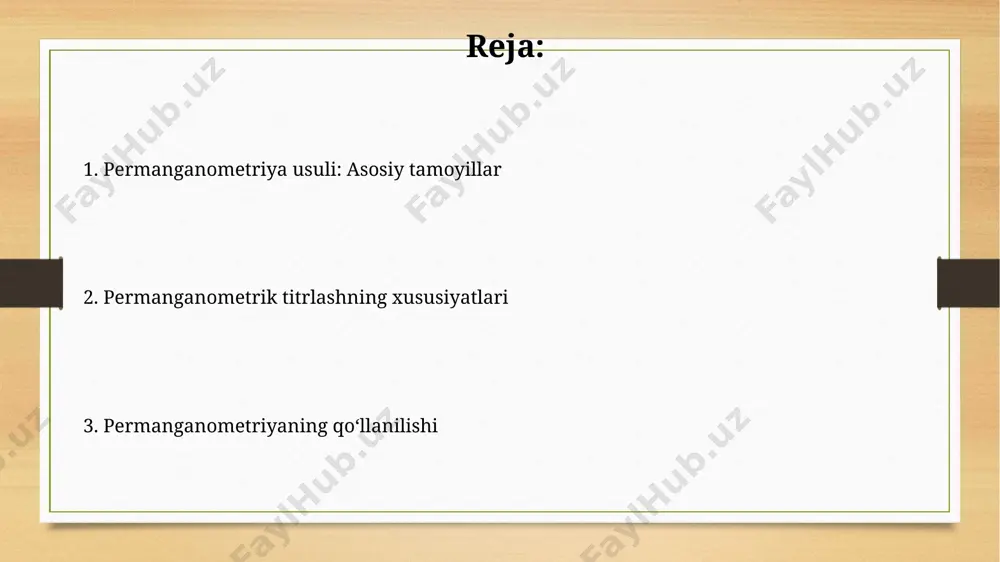 nadigan xususiyatini hisobga olish kerak. standart eritmalar tayyorlash kaliy bikromat (k2cr2o7) kabi birlamchi standart moddadan foydalanib, 0.02 n kaliy permanganat eritmasining aniq konsentratsiyasini aniqlash uchun taxminan 0.1 g k2cr2o7 ni olganingizdan keyin samarqand shahridagi laboratoriya sharoitida aniq titrlash jarayoni o'tkaziladi. standart na2s2o3 eritmasini tayyorlash uchun aniq massali (masalan, 24,82 gramm) natriy tiosulfatni 1 litr distillangan suvda eritib, 0,1 n eritma hosil qilish mumkin. bunda toshkentdagi kimyoviy reaktivalar omboridan olingan yuqori tozalikdagi natriy tiosulfat ishlatilishi tavsiya etiladi. permanganometriya nima? ushbu usulda kaliy permanganatning kuchli oksidlovchi xususiyati, aniqroq aytganda, mn(vii) dan mn(ii) ga qadar kamayishi tufayli, 5 elektron almashinuvi sodir boʻlib, titrlash nuqtasini aniq aniqlash imkonini beradi va bu 0.0001g aniqlikka erishishga yordam beradi. permanganometriya, ayniqsa, temir (ii) tuzlari, vodorod peroksid, oksalat kislotasi va boshqa ko'plab moddalarni aniqlashda o'zbekistonning kimyoviy laboratoriyalarida keng qo'llaniladi va analitik kimyoda muhim rol o'ynaydi. afzalliklari va kamchiliklari permanganometriya, 0,1 n eritmalarning aniq tayyorlanishi va standartlashtirilishi osonligi tufayli, …