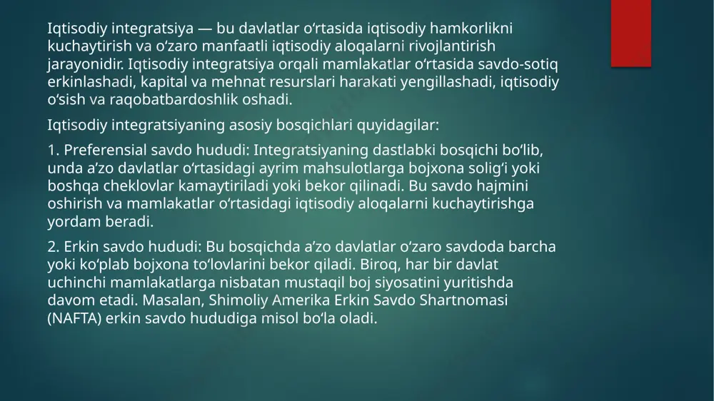daniy tadbirlar, festival va ko’rgazmalar orqali turizmni rivojlantirish va milliy merosni targ‘ib qilish ishlari amalga oshirilmoqda xulosa qilib aytganda hozirgi kunda o’zbekiston bu yo‘nalishlarda olib borilayotgan faoliyat orqali xalqaro hamjamiyatda o‘z mavqeini mustahkamlayotgan, mintaqaviy va global muammolarni hal qilishda konstruktiv hamkor sifatida e’tirof etilmoqda. global hamkorlik masalalarida ham yuqori o’rinlarda e’tirof etilmoqda. bu esa integratsiya jarayonining yuqori pozitsiyada ekanligining yorqin dalilidir. foydalanilgan adabiyotlar. https:// iht. uz https://ebook. tsue.uz https://cyberleninka.ru image6.jpeg image7.jpeg image8.jpeg image9.jpeg image10.jpeg image11.jpeg image2.png image3.png image4.png image5.png /docprops/thumbnail.jpeg