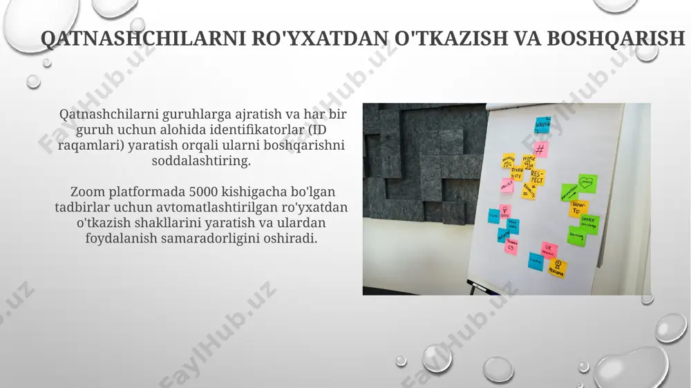 beradi. zoom'dan samarali foydalanish bo'yicha maslahatlar zoom yig'ilishlarini samarali o'tkazish uchun 10 dan kam ishtirokchi bo'lgan kichik guruhlarga bo'ling va har bir guruhga alohida breakout xonalaridan foydalaning, bu muloqotni yaxshilaydi. zoom’da 480p dan yuqori sifatli video va 160 kbps dan yuqori audio sifatini ta’minlash uchun tarmoq tezligingizni tekshiring va kerakli sozlamalarni amalga oshiring. konferensiyadan keyingi hisobotlar va tahlillar zoom analytics paneli orqali konferensiya samaradorligini baholash mumkin: 75% qatnashuvchilarning qoniqish darajasi, o'rtacha sessiya vaqti va so'rov javoblari asosida xulosalar chiqarish imkoniyati mavjud. zoom platformasida o'tkazilgan konferensiya yakunlari bo'yicha avtomatik hisobotlar, ishtirokchilar soni (masalan, 150 dan ortiq), sessiya davomiyligi va faollik ko'rsatkichlari kabi ma'lumotlarni taqdim etadi. zoom app marketdagi qo'shimcha vositalar ba'zi qo'shimcha vositalar zoom platformasiga real vaqtda tarjima qilish, transkripsiya va matnni tahrirlash kabi funksiyalarni qo'shadi, bu esa 100 dan ortiq ishtirokchilar bilan ishlashni osonlashtiradi. zoom app marketdagi 300 dan ortiq qo'shimcha vositalar yordamida konferensiyalarni yanada interaktiv va samarali qilish, masalan, …