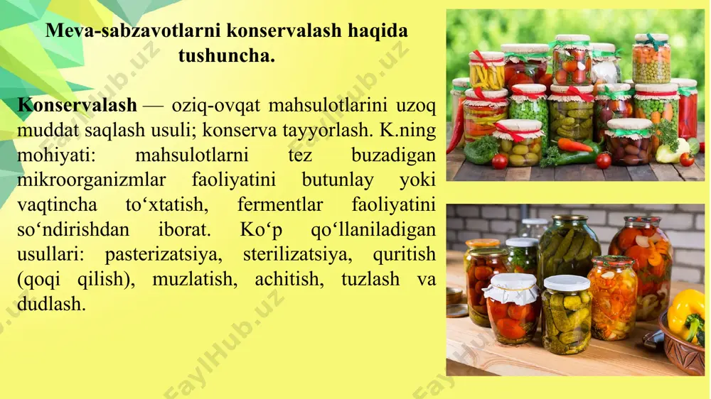 iborat. to‘ldiriladigan banka (5-rasm) richag 7 ni siljiganda, rolik 3 ko‘tariladi va mahsulot idishga quyiladi. banka bo‘lmaganda strelka 16 prujinani 6 tortib turadi va rolik moslamaning 5 pastki qismida harakatlanadi. knz to‘ldirgichda mahsulotni uch litrli idishlarga qadoqlash uchun to‘rtta quyish moslamasi mavjud. quyish bakning hajmi 100 l. yopish mashinalari. tayyor mahsulotni uzoq saqlash uchun idishlarni gemetizatsiya qilish lozim. bu jarayon yopish mashinalarda bajariladi. yopish mashinalari yarimavtomatik va avtomatlashtirilgan, vakuumli va vukuumsiz, to‘ldirgich bilan agregatlangan va agregatlanmagan, tunuka va shisha idishlar uchun mo‘ljallangan bo‘ladi. ko‘p pozitsionli yopish apparati tarkibiga quyidagilar kiradi (7-rasm): val 1, tishli g‘ildirak 3, markaziy vallar 2, yunaltiruvchi 14, ichi bush vallar 12, mushtlar 11, ikki elkali richag 8, sharnirlar 9, siqish roliklari 10, yopish roliklari 5, yuqori patronalr 6, o‘qlar 7, bankalarni suruvchi 13 mexanizm. banka germetizatsiyalash jarayonida yopish roliklari maksimal uzoqlashganda pastki patronlar bilan yuqori patronlarga ko‘tarilib unga qisiladi. richag 8 yordamida yopish roliklari bankaga yaqinlashib …