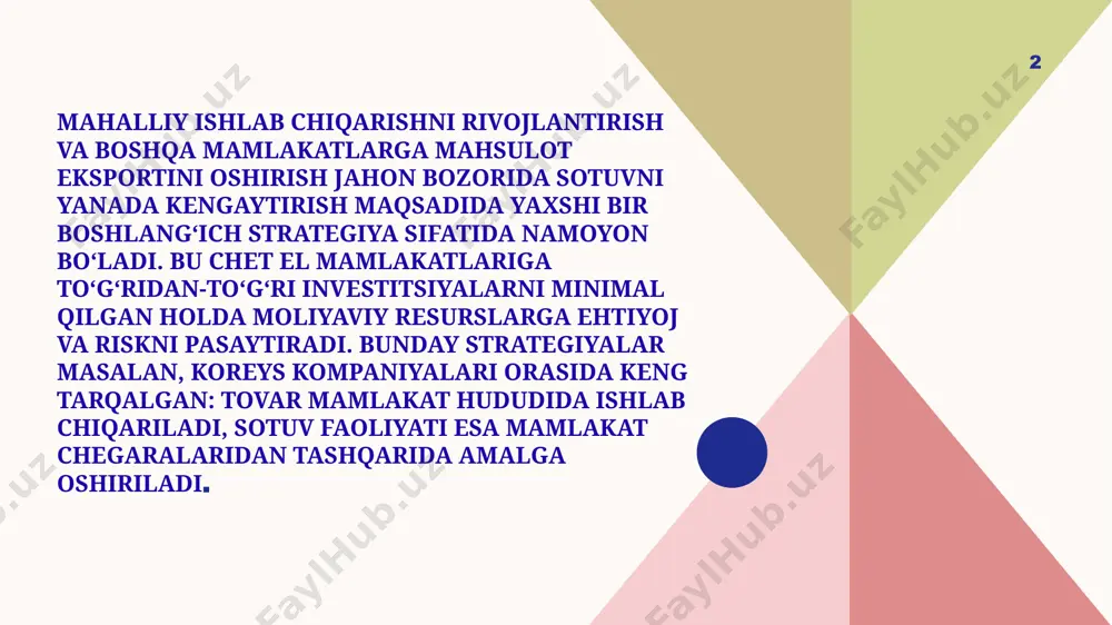 li firmalar raqobatli afzallikka erishishi yoki biron-bir mamlakatdagi faoliyat kamchiliklarini yashirishi mumkin: birinchidan, ko‘plab mamlakatlar bozorlarida eng yaxshi ishlash uchun turli mamlakatlarda eng yaxshi ishlarni joylashtirish; ikkinchidan, joylashtirilgan bo‘linmalar faoliyatini muvofiqlashtirish. ko`p millatli strategiyaning asosiy jihatlari: madaniyatni tushunish – har bir bozorning o`ziga hos madaniyati va urf odatlarini inobatga olish. . mahalliylashtirish – mahalliy talab va ehtiyojlarga mos ravishda mahsulot yoki xizmatlarni moslashtirish. 5 kadrlar siyosati – turli millatlardan kelgan xodimlarni yollash va ularning tajribasidan foydalanish. 6 turli tillarda samarali muloqot o`rnatish va marketing strategiyalarini moslashtirish faoliyat turlarini joylashtirishni tanlash 7 faoliyat turlarini joylashtirishni tanlash bu tashkilotning strategik rejalashhtirish jarayonining muhim qismidir. bu jarayonda geografik joylashuv asosiy qism ya`ni joylashuvning logistika,transport va yetkazib berish tizimlariga ta`siri. yuk mashinalari ishlab chiqarishda daimler-benz va volvo ( gyutenburgda bosh qarorgoh – shvetsariya) kabi kompaniyalar yangi moddalar ishlab chiqish va mavjud modellarni takomillashtirishni ular joylashgan mamlakatda, bu modellarni yig‘ishni esa boshqa mamlakatlarda amalga oshiradi. …