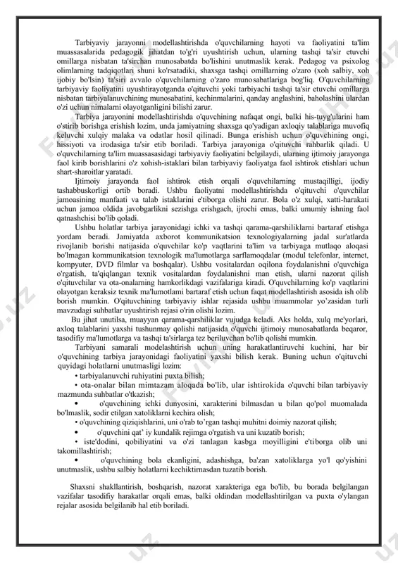 llektual va hissiy rivojlantirishni ta'minlash; alohida qobiliyatni o’stirish, kasbga tayyorlash kabi maqsadlarni qo’yishi mumkin. mazmuniga ko’ra oila tarbiyasi maqsadi aniq natijalarni qo’lga kiritishga qaratilgan o’ta amaliy yoki yoshlarda ruhiy-ma'naviy qadriyatlarni shakllantirishga yo’naltirilgan keng qamrovli bo’ladi. lekin tarbiya har doim ham jamiyat xohish-irodasiga muvofiq kelavermasligi mumkin. ba'zi oilalarda kichiklarga individualizm, xudbinlik, toshbag’irlik, boshqalar bilan hisoblashmaslik, o’zgalar istagini e'tiborga olmaslik kabi illatlarni shakllantirishga qaratilgan tarbiya ham kuzatiladi. oila tarbiyasi tabiatini undagi katta va kichiklar o’rtasida qaror topgan o’zaro munosabatlarning qandayligidan kelib chiqib, avtoritar va demokratik kabi turlarga ajratish mumkin. oila tarbiyasining bu ikki yo’nalishi son-sanoqsiz o’ziga xos ko’rinishlarda namoyon bo’lishi mumkinligi ham ko’zda tutilishi lozim. avtoritar oila tarbiyasi uchun kattalarning kichiklarni o’z irodalariga maksimal darajada bo’ysundirishga intilishi xosdir. tarbiya qonuniyatlari va tarbiya mazmuni va tamoyillarini modellashtirish. modellashtirish - obyektlarda ijtimoiy reallikning muayyan qismlarini tadqiq etish uslubi hamda predmetlar va hodisalarning real mavjud bo'lgan hamda quriladigan modellarini o'rganish va ishlab chiqishdir. shunday ekan, …