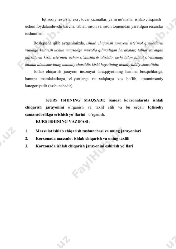 qacha qilib aytganimizda, ishlab chiqarish jarayoni iste’mol qiymatlarni vujudga keltirish uchun maqsadga muvofiq qilinadigan harakatdir, tabiat yaratgan narsalarni kishi iste’moli uchun o’zlashtirib olishdir, kishi bilan tabiat o’rtasidagi modda almashuvining umumiy shartidir, kishi hayotining abadiy tabiiy sharoitidir. ishlab chiqarish jarayoni insoniyat taraqqiyotining hamma bosqichlariga, hamma mamlakatlarga, el-yurtlarga va xalqlarga xos bo’lib, umuminsoniy kategoriyadir (tushunchadir). shuning uchun bu jarayon uzoq tarixga ega bo’lib, oddiy tosh va yog’och qurollardan foydalanib, eng sodda ovchilik va dehqonchilik qilishdan tortib to hozirgi zamon murakkab texnologiyasiga asoslangan robotsozlik, samolyotsozlik, kompyuter texnikalarini, zamonaviy radio va televideniye vositalarini ishlab chiqarishgacha bo’lgan yo’lni bosib o’tdi. hozirgi davrda mamlakatimiz hududida bir necha yuzlab tarmoqlar va sohalarda xalqimizning iste’moli va ishlab chiqarishning o’zi uchun zarur bo’lgan iste’mol buyumlari va asbob uskunalar ishlab chiqariladi. ishlab chiqarishning eng yirik sohalari sanoat, qishloq xo’jaligi, transport va aloqa, qurilish, savdo, tayyorlov tashkilotlari, kommunal va uy – joy xo’jaliklari, turli xil texnik va boshqa xizmat ko’rsatish sohalaridan …