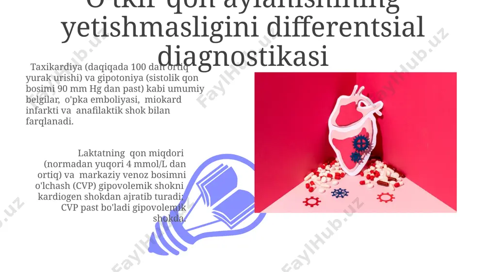 muhim klinik belgilar hisoblanadi. shoshilinch diagnostika ko'krak qafasi rentgenogrammasi, ekg va qon biokimyoviy tahlillarini o'z ichiga oladi, bu holat sababini aniqlash va og'irlik darajasini baholash uchun zarurdir. odatda, laktat darajasi 4 mmol/l dan yuqori bo'ladi. o'tkir qon aylanishining yetishmasligining sabablari septik shok, bakteriyalar tomonidan ishlab chiqarilgan toksinlarning ta'siri natijasida periferik qon tomirlarining kengayishi va qon bosimining keskin pasayishi bilan tavsiflanadi, bu o'limga olib kelishi mumkin. o'tkir qon aylanishining yetishmovchiligi yurak mushagining 40% dan ortiq shikastlanishi, masalan, keng miqyosli miokard infarkti natijasida yuzaga kelishi mumkin. anafilaktik shok qon bosimining keskin pasayishi (gipovolemiya) anafilaktik shokning asosiy klinik belgisidir va bu periferik qon tomirlarining kengayishi va kapillyar o'tkazuvchanligining oshishi bilan bog'liq, bu esa plazmaning to'qimalarga o'tishiga olib keladi. anafilaktik shokning davolashda adrenalin 0,1-0,5 mg dozalarida mushak ichiga yoki tomir ichiga yuboriladi, bu esa periferik qon tomirlarining torayishi va yurak faoliyatining yaxshilanishiga olib keladi, shuningdek antihistamin preparatlari va kortikosteroidlar qo'llaniladi. neyrogen shok 01 02 …
