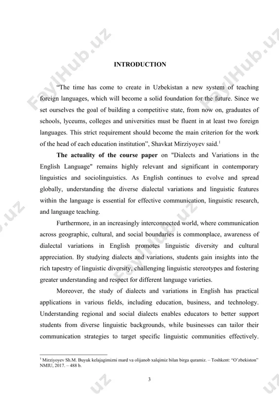 implications for communication, identity, and social interaction. by studying dialects and variations, students develop linguistic awareness and cultural competence, enabling them to navigate the complexities of language diversity in a globalized world. the practical value of the course paper on "dialects and variations in the english language" is manifold. firstly, it equips students with enhanced communication skills by providing insight into the diverse linguistic features and regional accents within the english language. this knowledge enables individuals to adapt their communication styles and better understand speakers from different linguistic backgrounds, facilitating effective communication in various contexts. secondly, the course work fosters cultural competence by promoting understanding and appreciation of linguistic diversity. this is particularly valuable in multicultural and multilingual settings where individuals interact with speakers from different regions and social backgrounds. by recognizing and respecting linguistic variations, individuals can build stronger interpersonal relationships and navigate cross-cultural communication more successfully. overall, the …