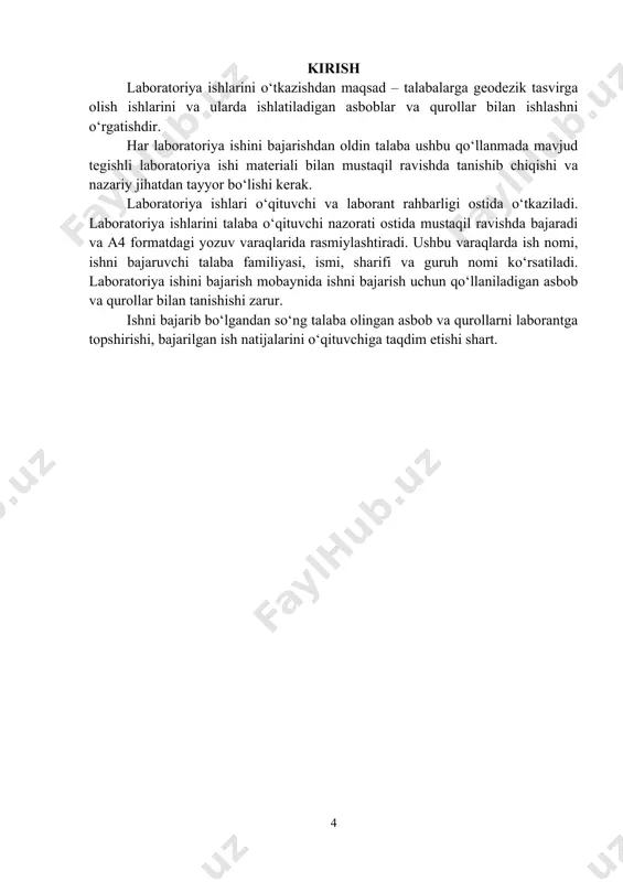 imetr aniqlik darajasini aniqlash jadvali (1.3-rasm). 1.1-jadval kontur sanoq olish mexanizmlaridan olingan sanoqlar sanoqlar farqi sanoqlar farqining o‘rta qiymati 1.3 1986 3031 4076 1045 1045 1045 1:10000 masshtabdagi plandagi kvadratning maydoni 100 (gektarga) ga teng. ga 1.2-jadval kontur sanoq olish mexanizmlaridan olingan sanoqlar sanoqlar farqi sanoqlar farqining o‘rta qiymati maydon yuzasi, ga 1.4 1173 1538 1905 365 367 366 35.02 ga 2. кр-80n elektron planimetri 1.5-rasm. кр-80n elektron planimetrining tuzilishi. planimetr displeyida simvollarning ifodalanishi (1.6 - rasm) scale: 1:1 masshtabdan boshqa mashtab qiymatini o‘rnatishda displeyda paydo bo‘ladi. hold: o‘lchash jarayonida tugmasi bosilganda displeyda paydo bo‘ladi. memo: o‘lchangan qiymat asbob xotirasiga saqlanganda displeyda paydo bo‘ladi. batt-e: asbobni quvvat oldirish zarur bo‘lganda displeyda paydo bo‘ladi. 1.6-rasm. planimetrning displeyida simvollarning ifodalanishi. tugmalarning bajaradigan funksiyalari: – asbobni yoqish – asbobni o‘chirish – raqamli tugmalar – o‘nlik nuqta – o‘lchashni boshlash – o‘lchashda vaqtinchalik to‘xtab turish – o‘lchash natijasini xotiraga saqlash – o‘rta qiymatni hisoblash …