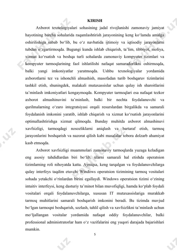 ash funksiyalari bilan taqqosiy tahlili ham kiritilib, ularning afzalliklari va kamchiliklari tahlil qilinadi. shu bilan birga, kurs ishida windows ot tarmoq vositalarining foydalanuvchilarga qulayligi, samaradorligi, xavfsizlik darajasi va rivojlanish istiqbollari haqida ham ilmiy fikrlar bildirilib, amaliyotga tatbiq etish bo‘yicha tavsiyalar beriladi. kurs ishining dolzarbligi shundaki, hozirgi kunda axborot texnologiyalari sohasining doimiy rivojlanishi, global tarmoqlarning kengayishi va murakkablashuvi, shuningdek, kiberxavfsizlik sohasidagi yangi tahdidlarning paydo bo‘lishi tufayli, tarmoq vositalarining samarali ishlashi va ularning to‘liq bilimiga ega bo‘lish mutaxassislar uchun zarur shartga aylangan. windows operatsion tizimining tarmoq vositalari it muhitining asosiy qismiga aylangan bo‘lib, ularning samarali qo‘llanilishi tizimlarning ishonchliligi, barqarorligi va xavfsizligini ta’minlashda muhim omil hisoblanadi. shu bois, ushbu vositalarni o‘rganish va ularning imkoniyatlarini to‘liq tushunish nafaqat nazariy bilimlarni oshirishga, balki amaliyotda yuzaga keladigan ko‘plab muammolarni samarali hal etishga xizmat qiladi. natijada, kurs ishida taqdim etilgan bilimlar va tavsiyalar it sohasidagi mutaxassislarning kasbiy salohiyatini oshirishga, tizimlarning samarali boshqaruvini ta’minlashga va tarmoq muhitlarining xavfsizligini …