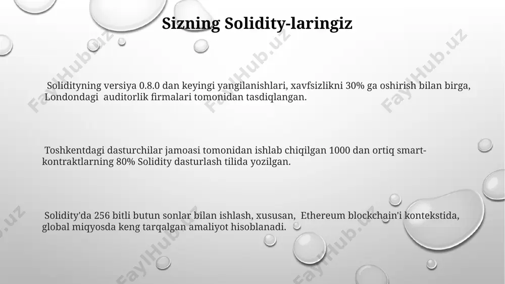 esa katta sonlarni saqlash imkonini beradi. solidity global o'zgaruvchilarni qo'llab-quvvatlaydi, masalan, `contract` darajasida e'lon qilingan o'zgaruvchilar butun shartnoma bo'ylab foydalanish mumkin, bu esa 200 satrdan ortiq kodlarda ma'lumotlarga kirishni soddalashtiradi. funktsiyalar ichida e'lon qilingan mahalliy o'zgaruvchilar faqat shu funktsiya doirasida ko'rinadi va masalan, 10 ta funktsiya ichida 10 ta bir xil nomdagi o'zgaruvchi bo'lishi mumkin, bu esa kodni modulli va tushunarli qiladi. e'tiboringiz uchun rahmat @taqdimot_robot image1.png image2.png image3.png