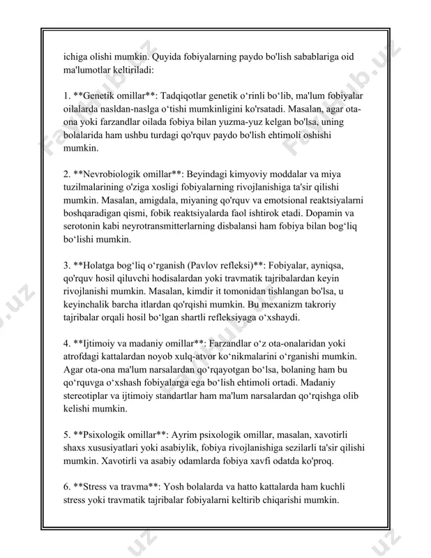 asturi turli xil fobiyalarga ega bo'lgan 5,000 dan ortiq odamning genlari ustida tekshirish olib bordi. ushbu tadqiqotning natijalari shuni ko'rsatadiki, 30-40% hollarda fobiyalarni boshdan kechirish omillari genetik komponentlar bilan bog'liq bo'lishi mumkin. bu degani, agar bir oila a'zolarida fobiya bo'lsa, boshqa a'zolari orasida ham uning rivojlanish ehtimoli ortishi mumkin. bundan tashqari, boshqa tadqiqotlarda aniqlangan "fobt1" geni qo'rquv va xavotir holatlari bilan bog'liq bo'ladi. xususan, bu genning bir variantiga ega bo'lgan odamlarda qo'rquvga qarshi kuchli javob berish ehtimoli yuqori hisoblanadi. ushbu gen asosan amigdala deb ataladigan miya maydonida faol bo'lib, bu joy xavf va tahdidni qayta ishlashda ishtirok etadi. shuningdek, 2015-yilda o'tkazilgan boshqa tadqiqot 6000 dan ortiq insonga asoslangan bo'lib, unda turli fobiya turlari va ular orasidagi genetik aloqalar o'rganildi. tadqiqot natijalariga ko'ra, ijtimoiy fobiyalar irsiylik darajasi taxminan 20-40% ni tashkil etdi. bu esa, ijtimoiy fobiyalarga moyillikning qisman genetik omillar bilan boshqarilishini bildirishga imkon beradi. shu bilan birga, genetik omillar faqatgina …