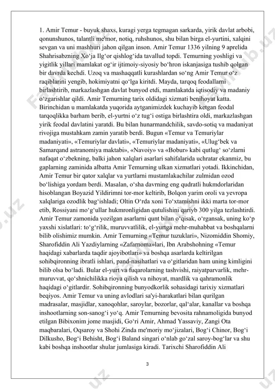 imizga boqing» deganda amir temur, avvalo, o‘z xalqiga, kelajak avlodlariga murojaat qilgan, desak yanglishmaymiz. har qanday jamiyat taraqqiyotini ilm-ma'rifatsiz tasavvur qilib bo‘lmaydi. buni teran anglagan sohibqiron hokimiyatga kelishi bilan chiqargan dastlabki farmonlarini madrasalar barpo etishga, ilm toliblariga nafaqalar tayinlash bilan boshlagan. qaysi bir shaharga tashrif buyurmasin amir temur avvalo o‘sha yerlik olimu fozillar bilan uchrashar, ular bilan suhbat qurar, turli mavzularda bahslashar edi. tarix, tibbiyot, matematika, astronomiya, me'morchilik sohalarida yuksak salohiyatga ega amir temur uchun bu tabiiy hol edi. amir temur ma'naviyatini belgilovchi bosh mezon uning butun umr bo‘yi amal qilgan «kuch - adolatda!» degan shioridir. bu shiorda amir temur hayoti va faoliyatining butun mazmuni mujassamlashgan, desak yanglishmaymiz. amir temurning ma'naviy va ma'rifiy qarashlari uning o‘z farzandlari, nabiralari, taxt vorislariga qoldirgan o‘gitlari «temur tuzuklari»da mujassamlashgan. bu bebaho tarixiy asarda, hokimlar va vazirlarning vazifalari, o‘z ishiga munosabati, aholi turli qatlami - raiyatning haq-huquqini himoya qilish, sipohlarga munosabat kabi hayotiy ma'naviy-axloqiy qonun-qoidalar …