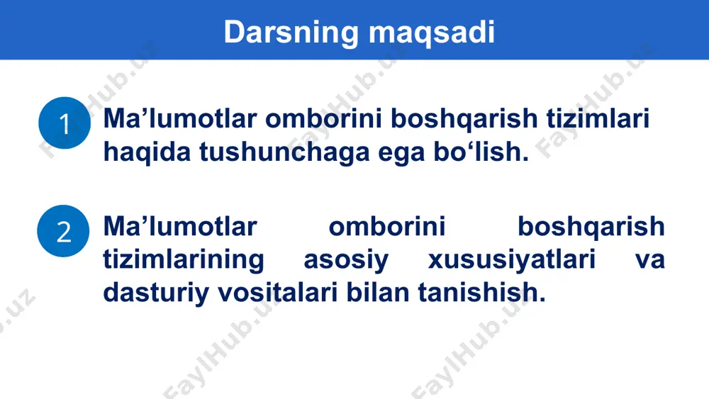 an ma’lumotlar majmuasidir. …. – bu ma’lumotlarning o‘zaro bog‘langan tuzilishlari va ular ustida bajariladigan operatsiyalar to‘plamidir. javobi: ma’lumotlar ombori (mo) – bu kompyuter xotirasiga kiritilgan ma’lum bir strukturaga ega, o‘zaro bir-biri bilan bog‘langan va tartiblangan ma’lumotlar majmuasidir. ma’lumotlar modeli – bu ma’lumotlarning o‘zaro bog‘langan tuzilishlari va ular ustida bajariladigan operatsiyalar to‘plamidir. first text here ierarxik (shajara) model – bu modelda ma’lumotlar daraxtsimon ko‘rinishda saqlanadi. first text here tarmoq model – bu modelda daraxtsimon bog‘lanish bo‘lsada, tugunlardagi tarmoqlanishlarga cheklanish yo‘q. tarmoq modelga internet global tarmog‘ini misol qilishimiz mumkin. first text here relyatsion (o‘zaro bog‘langan) model – bu modelda ma’lumotlar jadval ko‘rinishda saqlanadi. bir xil turdagi, ya’ni bir xil xususiyatlar to‘plamiga ega bo‘lgan ob’ektlar ro‘yxatini o‘z ichiga oladi. 1-topshiriq transport vositalari haqidagi ma’lumotlarni ierarxik model ko‘rinishida tasvirlang. 1-topshiriq 2-topshiriq dorixonadagi dori vositalarining turlari va qo‘llash usullari aks ettirilgan ma’lumotlar omborini tarmoq modeli ko‘rinishida hosil qiling. 2-topshiriq yodda tuting! relyatsion modelning xususiyatlari jadvalning …