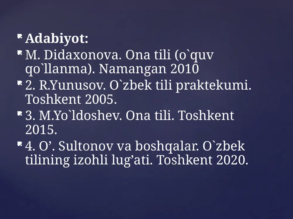 ka rivoji bilan bog‘liq yangi so‘zlar ko‘paymoqda. o‘zbek tilining lug‘at tarkibi zamonaviy texnologiyalar, globalizatsiya va ilm-fan rivoji leksikaga katta ta’sir qiladi. o‘zbek tiliga ingliz va rus tillaridan kirib kelayotgan yangi so‘zlar tez o‘zlashmoqda. shuningdek, ba’zi qadimgi so‘zlar unutilib bormoqda. leksikologiya bu o‘zgarishlarni chuqur o‘rganadi va tavsiyalar beradi. til taraqqiyoti va leksik o‘zgarishlar o‘zbek tili leksikasi boy va o‘ziga xos rivojlanish tarixiga ega. turli tillardan o‘zlashmalar bo‘lishiga qaramay, u o‘zining milliy ruhini saqlab qolgan. kelajakda ham til rivojlanib, yangi so‘zlar kirib kelishi tabiiy hol. har bir o‘zbek tilining boyligini bilishi va undan to‘g‘ri foydalanishi kerak! xulosa /docprops/thumbnail.jpeg