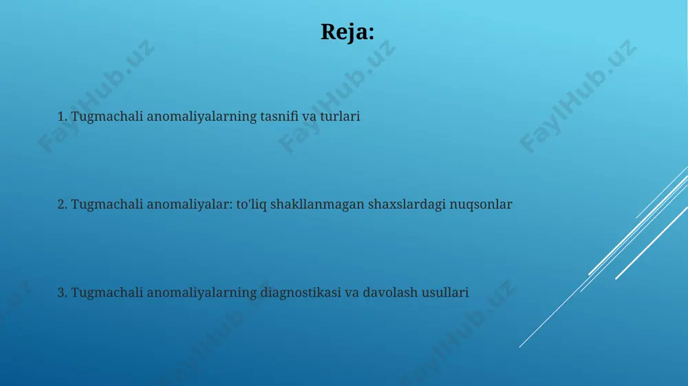 qsonlarni davolash uchun plastik jarrohlik amaliyotlari, masalan, teri klaplari yoki transplantatsiyasi qo‘llaniladi. bunday amaliyotlarning muvaffaqiyat darajasi 85-95% ni tashkil etadi. tugmachasimon nuqsonlarni davolashda jarrohlik usullari qo‘llaniladi, masalan, 1-3 mm gacha bo‘lgan kichik nuqsonlarni to‘qimalarni tikish orqali tuzatish mumkin, bu esa 90% hollarda muvaffaqiyatli natijalar beradi. klinik ko'rinishlar ba'zi hollarda, tugmachasimon nuqsonlar atrofidagi teri yupqa va atrofiyaga uchragan bo'lib, soch follikulalari va ter bezlarining gipoplaziyasi kuzatiladi. tugmachasimon nuqsonlarning klinik ko'rinishi 1-3 mm dan 1 sm gacha o'zgarib turadigan terining giperpigmentatsiyasi yoki depigmentatsiyasi bilan namoyon bo'lishi mumkin. to'liq shakllanmagan shaxslarning malformatsiyalari bunday malformatsiyalar orasida 10% dan ortig'i miyada neyrologik nuqsonlarga, jumladan, ensefalotsel, anensefali va boshqa og'ir anomaliyalarga olib keladi. taxminan 5-15% hollarda buyrak tizimi rivojlanishidagi og'ishlar, masalan, buyrak agenezisi yoki polististik buyrak kasalligi kuzatiladi, bu esa hayotga tahdid soladigan holatlarni keltirib chiqarishi mumkin. diagnostika usullari tug'ma yurak nuqsonlari tekshiruvida ekokardiografiya muhim ahamiyatga ega bo'lib, 90% dan ortiq holatlarda aniq diagnostika imkonini beradi, …