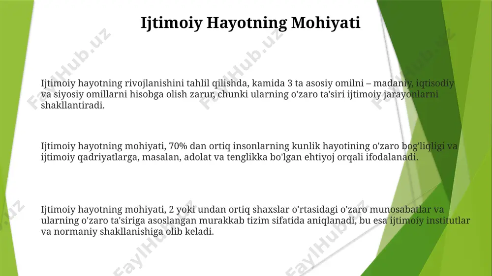 zarar yetkazishi va 30% ga yaqin aholining kambag‘allik chegarasidan pastda yashayotganligini ko‘rsatadi. axloq va jamiyat oʻzbekiston respublikasining konstitutsiyasi 26-moddasida inson huquqlari va erkinliklari, shu jumladan axloqiy qadriyatlarning himoyasi kafolatlangan. milliy axloq me'yorlarining 70% dan ortigʻi jamiyatning ijtimoiy-madaniy tuzilmasiga bogʻliq boʻlib, oʻzgarishlarga sezgir. axloq va jamiyat oʻrtasidagi bogʻliqlikni oʻrganishda 3 ta asosiy paradigmatik yondashuv mavjud: funktsionalist, konflikt va simvolik interaktsionist nazariyalar. jamiyat falsafasining asoslari жамият фалсафасининг асослари ижтимоий ҳаётнинг 3 та асосий тамойилини – моддий ишлаб чиқариш, ижтимоий муносабатлар ва сиёсий тузумни ўрганади. жамият фалсафасининг асослари инсон ҳаётининг 5 та муҳим жиҳати – биологик, ижтимоий, маънавий, интеллектуал ва руҳий жиҳатларини ўзаро боғлиқлигини ўрганишга асосланган. ушбу фанда 20-асрдаги ижтимоий-сиёсий ўзгаришлар, хусусан, глобал миқёсдаги иқтисодий ва сиёсий жараёнларнинг таъсири таҳлил қилинади. inson va jamiyat жамиятда инсон ҳуқуқларининг 3 та асосий тоифаси – фуқаролик, иқтисодий ва ижтимоий ҳуқуқлар ўртасидаги мувозанатни сақлаш муҳим аҳамиятга эга бўлиб, бу жамиятнинг барқарорлигига 20% таъсир кўрсатади. ижтимоий табақаланиш кўрсаткичи …