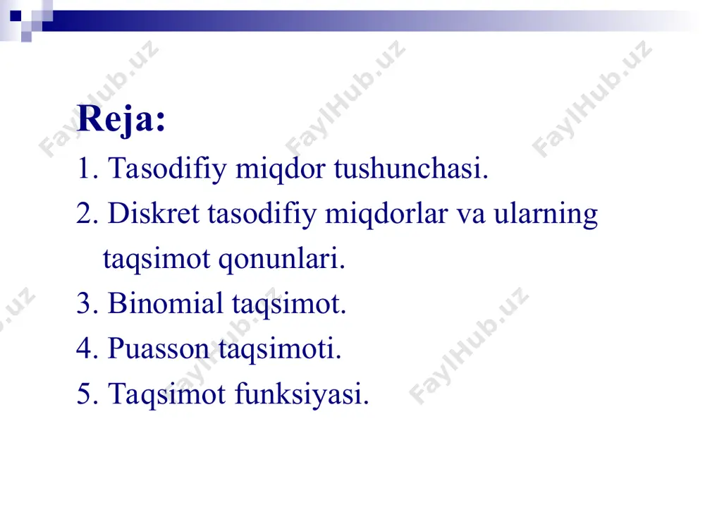 darsga kelgan talabalar soni noldan to guruhdagi umumiy soniga teng bo‘lgunga qadar butun qiymatlar qabul qiluvchi tasodifiy miqdor. 6) n ta bog‘liq bo‘lmagan sinovda a hodisaning yuz berishlar soni tasodifiy miqdor bo‘ladi. bu tasodifiy miqdor n ta sinov natijasida 0,1,2,...,n qiymatlardan birini qabul qilishi mumkin. 7) elektron lampaning ishlash vaqti ham tasodifiy miqdordir. yuqorida keltirilgan misollarda tasodifiy miqdorlar chekli, sanoqli yoki cheksiz qiymatlarni qabul qilish mumkin edi. 1-ta’rif. agar a) tasodify tajribaning elementar hodisalar fazosi  da aniqlangan x funksiya chekli haqiqiy funksiya bo‘lib, b) ixtiyoriy haqiqiy x son uchun :xx to‘plam tasodifiy hodisa bo‘lsa, u hold a xx funksiyaga tasodifiy miqdor deyiladi. xx munosabat elementar hodisalar fazosi  ning ixtiyoriy  elementini haqiqiy sonlar to‘plami 1,r ga akslantiradi. qulaylik uchun, x tasodifiy miqdorning  dan bog‘liqligi tark qilinadi. agar tasodifiy miqdor qabul qiladigan qiymatlarni chekli yoki sanoqli ketma - ketlik ko‘rinishda yozish mu mkin bo‘lsa, bunday tasodifiy miqdorga diskret …