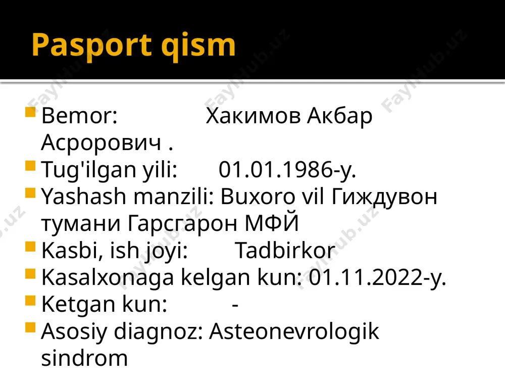 atida turg'in tura olmaydi og'riqlar hisobidan, harakatlanish aso yordamida. meningial belgilar yo'k, emotsional labil. aktiv va passiv harakatlari saqlangan. allergik anamnez bemorda dori preparatlariga nisbatan allergik reaksiyalar aniqlanmagan. bemorda har-xil ovqat mahsulotlari, hayvonlar va gul changlariga nisbatan allergiya aniqlanmagan. epidemiologik anamnez bemor infeksion kasalik bn kasallanganlar bilan kontaktda bo'lmagan kasalligidan 2hafta oldin va keyingi 2 oy davomida yashash joyida bo'lgan oxirgi 6oyda chetga chiqmagan. oxirgi 6oy davomida xirurgik muolajalar va gemotransfuziyani o'tkazmagan maishiy xizmatlardan(sartarosh, manikyur, tatuaj) foydalanmagan oxirgi 6 oyda parenteral inyeksiya qabul qilgan. status praesens objectivus bemorning umumiy axvoli nisbatan konikarli ,es xushi joyida . tana tuzilishi normostenik. teri katlamlari nam kichishish izlari yuk . kuz sklerasi toza sargaymagan . pereferik limfa tugunlari kattalashmagan . tana xarorati 36,7 s. o'pkasida vezikulyar nafas, nos-18ta/min. yurak tonlari bo'g'iq, puls-80ta/min, ritmik a/b- 130/90mm.sim.ust. qorni yumshoq, og'riqsiz, jigar va taloq paypaslanmaydi. ich kelishi va diurez regulyar. nafas olish sistemasi nafas olishi erkin burni …