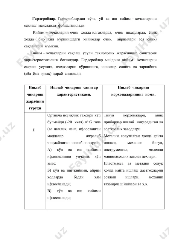 ган ва қўлланиладиган цехларда хлор, фенол, мишяк, симоб, фосфор ва уларнинг қўшилмалари бўяш цехи, рубероид заводларининг шимдириш бўлимлари, кислота, ишқор, нефт маҳсулотлари ва уларни қайта ишлаш. радиоактив моддаларни дозировкалаш ва жойлаштириш (расфасовка) iv маҳсулот сифати махсус талаблар асосида бўлган ишлаб чиқариш жараёни: а) озиқ-овқат маҳсулотларини қайта ишлаш билан боғлик бўлган; б) соф тозаланган материал (мато)ларни ишлаб чиқариш билан боғлиқ бўлган; в) маҳсулотни тайёрлашда махсус тозаликни талаб қилувчи ишлаб чиқариш билан боғлиқ бўлади. нон ва сут заводлари, қандолат ва макарон фабрикалари, гўшт ва балиқ комбинатлари, консерва ва қанд заводлари. соф тозаланган материал ишлаб чиқариш цехлари (вакцина,зардоб). радиотехник приборлар, электрон саноати учун маҳсулотлар ишлаб чиқариш цехи. гардеробхонадаги ўринлар сони қуйидагича олинади: 1. кийим – кечакларни илгакларда сақлаш – 2 та сменада, энг кўп ишлайдиган ишчилар сонига боғлиқ. 2. кийим – кечакларни шкафларда сақлаш барча сменада ишлайдиган ишчилар сонига (ҳар ишчининг ўз шкафи бўлиши)боғлиқ. очиқ ва ёпиқ шкафларнинг режадаги ўлчамлари: бир бўлимли шкафда …