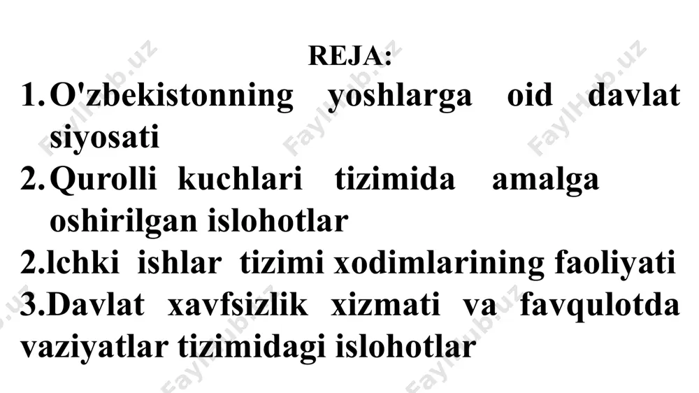 odimlarini tayyorlash va malakasini oshirish tizimini tubdan takomillashtirish uchun iiv akademiyasida 7 ta yo'nalish bo'yicha o'qitish tizimi 2 ta ilmiy-tadqiqot markazlari joylarda 14 ta akademik litseylar sohani kadrlar bilan ta'minlashda katta o'rin tutgan ta’lim muassasalari…..? o'zr iiv akademiyasi, o'zr iiv akademik litseylari, o'zr iiv ixtisoslashtirilgan maktabi, o'zr iiv toshkent va nukusdagi "temurbeklar maktabi" harbiy-akademik litseyi imkoniyatlar 2016-2019 yillarda zamonaviy harbiy shaharchalar qurilib 8 mingdan ziyod harbiy xizmatchilar oilalari uchun 275 ta ko'p qavatli uy-joy barpo etildi. harbiy xizmatchilarning ayollari uchun 600 ta yangi ish o'rinlari yaratildi. 1900 nafar harbiy pensioner ishga joylashtirildi. profilaktika inspektorlariga biriktirilgan xizmat hududlarida ularga xizmat uylari va imtiyozli kreditlar asosida shaxsiy avtomashinalar ajratilish tizimi yo'lga qo'yildi; 1995 yil avgustda o'zbekiston respublikasining harbiy doktrinasi to'g'risidagi qonun qabul qilindi. 2000 yil 3 fevralda o'zbekiston respublikasining mudofaa doktrinasi qabul qilindi. 2019 yil 6 martda "transport va turizm obyektlarida jamoat xavfsizligini ta'minlash tizimini joriy etishga oid chora-tadbirlar to'g'risida"gi qonun e’lon …
