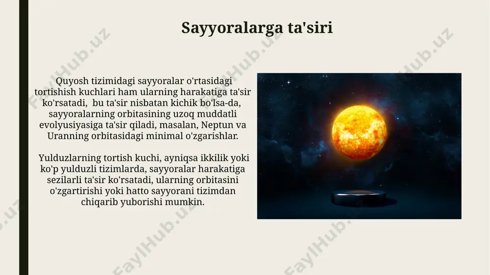 kanligini koʻrsatadi. yulduzlarning massasi ularning gravitatsion maydonining kuchini aniqlaydi; 1 quyosh massasiga teng yulduz yerga nisbatan ancha kuchliroq tortish kuchiga ega. qora tuynuklarning tortish kuchi qora tuynuklarning gravitatsion tortish kuchi shunchalik kuchliki, yorugʻlik ham undan qochib qutula olmaydi, bu esa ularning massa-energiya nisbatini 10 20 dan ortiq quyosh massasiga yetkazishi mumkin. supermassiv qora tuynuklarning gravitatsion ta'siri o'z galaktikasining aylanish tezligiga sezilarli ta'sir ko'rsatadi, bu tezlik ba'zan 1000 km/sek ga yetishi mumkin. gravitatsion to'lqinlar gravitatsion toʻlqinlarning tezligi yorugʻlik tezligiga teng, yaʼni sekundiga 299,792,458 metr. bu toʻlqinlar juda zaif boʻlishiga qaramay, juda kuchli kosmik hodisalar, masalan, qora tuynuklarning toʻqnashuvi natijasida hosil boʻladi. ikki jism orasidagi gravitatsion kuch ularning massalarining koʻpaytmasiga toʻgʻridan-toʻgʻri proportsional va ular orasidagi masofaning kvadratiga teskari proportsionaldir; bu nyutonning umumiy tortishish qonuni bilan aniqlanadi. yulduzlarning gravitatsion ta'siri katta yulduzlar o'z atroflarida gaz va chang bulutlarini tortib, gravitatsion qora tuynuklar hosil qilishi mumkin, bu jarayon yuzlab yillar davom etadi. ikki yulduzli …