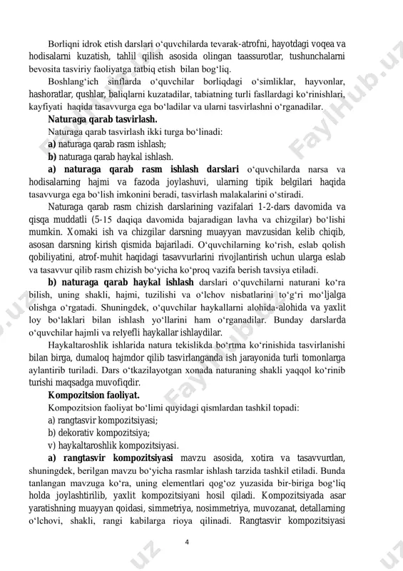 va chizgilar darsning muayyan mavzusidan kelib chiqib, asosan darsning kirish qismida bajariladi. o‘quvchilarning ko‘rish, eslab qolish qobiliyatini, atrof-muhit haqidagi tasavvurlarini rivojlantirish uchun ularga eslab va tasavvur qilib rasm chizish bo‘yicha ko‘proq vazifa berish tavsiya etiladi. b) naturaga qarab haykal ishlash darslari o‘quvchilarni naturani ko‘ra bilish, uning shakli, hajmi, tuzilishi va o‘lchov nisbatlarini to‘g‘ri mo‘ljalga olishga o‘rgatadi. shuningdek, o‘quvchilar haykallarni alohida-alohida va yaxlit loy bo‘laklari bilan ishlash yo‘llarini ham o‘rganadilar. bunday darslarda o‘quvchilar hajmli va relyefli haykallar ishlaydilar. haykaltaroshlik ishlarida natura tekislikda bo‘rtma ko‘rinishida tasvirlanishi bilan birga, dumaloq hajmdor qilib tasvirlanganda ish jarayonida turli tomonlarga aylantirib turiladi. dars o‘tkazilayotgan xonada naturaning shakli yaqqol ko‘rinib turishi maqsadga muvofiqdir. kompozitsion faoliyat. kompozitsion faoliyat bo‘limi quyidagi qismlardan tashkil topadi: a) rangtasvir kompozitsiyasi; b) dekorativ kompozitsiya; v) haykaltaroshlik kompozitsiyasi. a) rangtasvir kompozitsiyasi mavzu asosida, xotira va tasavvurdan, shuningdek, berilgan mavzu bo‘yicha rasmlar ishlash tarzida tashkil etiladi. bunda tanlangan mavzuga ko‘ra, uning elementlari qog‘oz yuzasida bir-biriga …