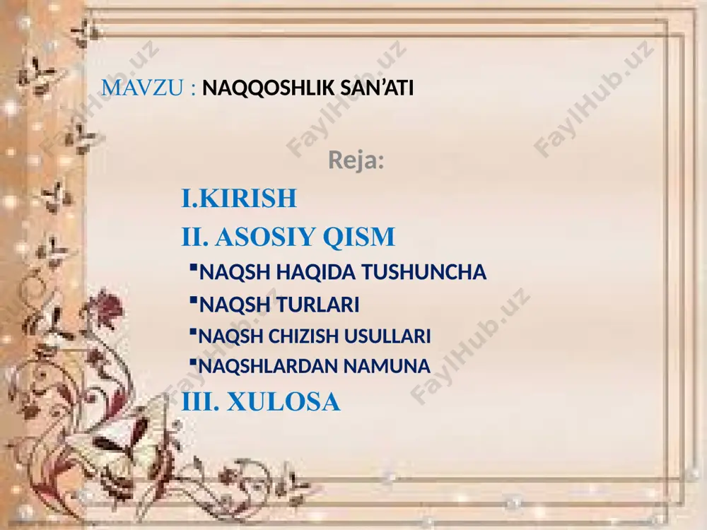 a ularni amalga oshirish. darsda ta'limning faol usul va uslublarni qo'llay bilish. 3. dars jarayonida xalq pedagogikasi an'analarini, jahon pedagogikasi, ruhshunosligi borasida yaratilgan yangiliklarni sintetik tarzda ishlatish. «zamonaviy talablar» tushunchasi san'at va fan sohasidagi yutuqlar janliyatning rivojlanish darajasini hisobga olgan holda, darsga qo'yilgan talablar bo'lib, tasviriy san'at o'qitishning maqsad va vazifalariga mos tarzda keyingi o'quv-kasbiy hamda pedagogik faoliyatiga tayyorlashda xizmat qilishni bildiradi. tasviriy san'at darslarida milliy merosimiz, qadriyatlarimiz, madaniyatimiz, san'atimiz, buyuk ajdodlarimiz o'gitlari, hikmatga tola hadislarimiz, asotirlar, rivoyatlardan unumli foydalanib borish maqsadga muvofiqdir. ma'lumki, keyingi yillarda tajribali metodist olimlar, ruhshu-noslar va amaliyotchi-o'qituvchilarning o'quv jarayonini tahlil qilish sohasida o'tkazilgan tadqiqotlari dars samaradorligini oshi-rishi, pedagogik va didaktik shart-sharoitlarga bog'liq ekanligini ko'rsatmoqda. eng muhim shart-sharoitlar quyidagilar: - yangi avlod darsliklari, didaktik va metodik o'quv ko'rgazmali qurollar hamda o'qitishning innovatsion, pedagogik va axborot texnologiya vositalari bo'lishi; o'qituvchi bilan o'quvchilar o'rtasida o'zaro munosabatlar bo'lishi; guruhda yaxshi psixologik muhit bo'lishi, umumiy pedagogik shart-sharoitlarga amal qilib mavzuning …
