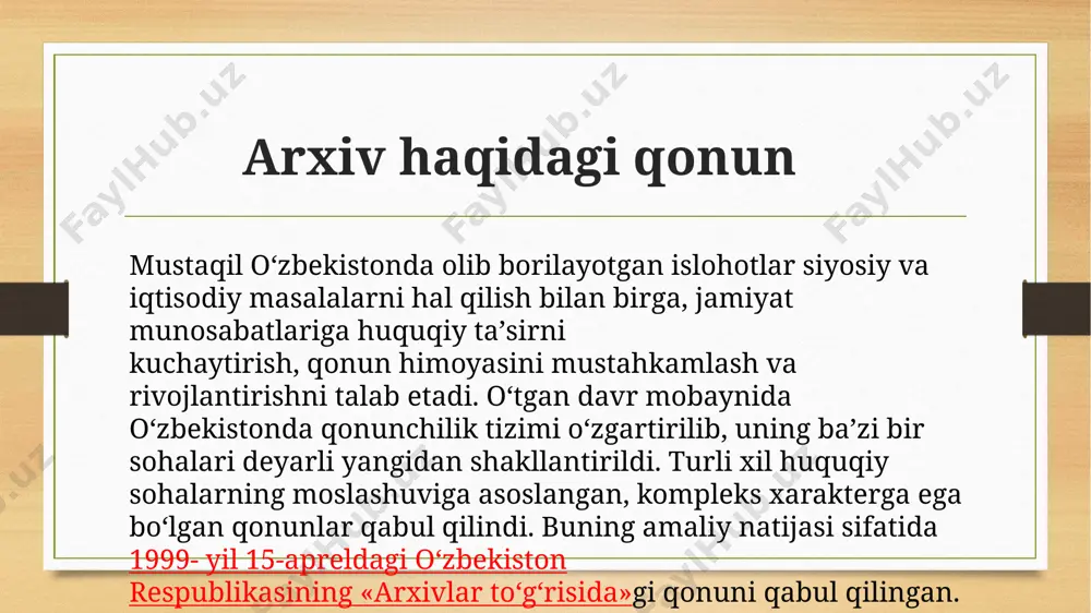 gi namunaviy (modelniy) qonunining ijobiy jihatlari о‘rganilganligini ta’kidlab о‘tish joiz. foydalanilgan adabiyotlar 1. mirziyoyev sh.m. niyati ulug‘ xalqning ishi ham ulug‘, hayoti yorug‘ va kelajagi farovon bо‘ladi. 3-jild / sh.m. mirziyoyev. – t.: “о‘zbekiston”, 2019. – 592 b. 2. mirziyoyev sh.m. xalqimizning roziligi bizning faoliyatimizga berilgan eng oliy bahodir. 2-jild / sh.m. mirziyoyev. – t.: “о‘zbekiston”, 2019. – 400 b. 3. mirziyoyev sh.m. milliy taraqqiyot yо‘limizni qat’iyat bilan davom ettirib, yangi bosqichga kо‘taramiz. 1-jild / sh.m. mirziyoyev. – t.: “о‘zbekiston”, 2018. – 592 b. 4. mirziyoyev sh.m. buyuk kelajagimizni mard va olijanob halqimiz bilan birga quramiz. – t.: “о‘zbekiston”. 2017. – 488 b. eʼtiboringiz uchun rahmat !!📝 image5.png image6.png image7.jpeg image8.jpeg image9.jpeg image10.jpeg image3.png image4.png
