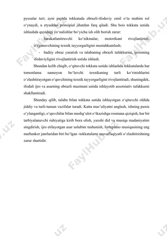 ayni paytda tokkatada obrazli-ifodaviy omil o‘ta muhim rol o‘ynaydi, u etyuddan prinsipial jihatdan farq qiladi. shu bois tokkata ustida ishlashda quyidagi yo‘nalishlar bo‘yicha ish olib borish zarur: · harakatlantiruvchi ko‘nikmalar, motorikani rivojlantirish, o‘rganuvchining texnik tayyorgarligini mustahkamlash; · badiiy obraz yaratish va talabaning obrazli tafakkurini, ijrosining ifodaviyligini rivojlantirish ustida ishlash. shundan kelib chiqib, o‘qituvchi tokkata ustida ishlashda tokkatalarda har tomonlama namoyon bo‘luvchi texnikaning turli ko‘rinishlarini o‘zlashtirayotgan o‘quvchining texnik tayyorgarligini rivojlantiradi, shuningdek, ifodali ijro va asarning obrazli mazmuni ustida ishlayotib assotsiativ tafakkurni shakllantiradi. shunday qilib, talaba bilan tokkata ustida ishlayotgan o‘qituvchi oldida jiddiy va turli-tuman vazifalar turadi. katta mas’uliyatni anglash, ishning puxta o‘ylanganligi, o‘quvchilar bilan mashg‘ulot o‘tkazishga rosmana qiziqish, har bir tarbiyalanuvchi ruhiyatiga kirib bora olish, yaxshi did va musiqa madaniyatini singdirish, ijro etilayotgan asar uslubini tushunish, fortepiano musiqasining eng maftunkor janrlaridan biri bo‘lgan -tokkatalarni muvaffaqiyatli o‘zlashtirishning zarur shartidir. foydalanish uchun tavsiya etilgan adabiyotlar ro‘yxati 1. sh.zakirova. o‘zbekiston kompozitorlarining fortepiano uchun asarlari. …