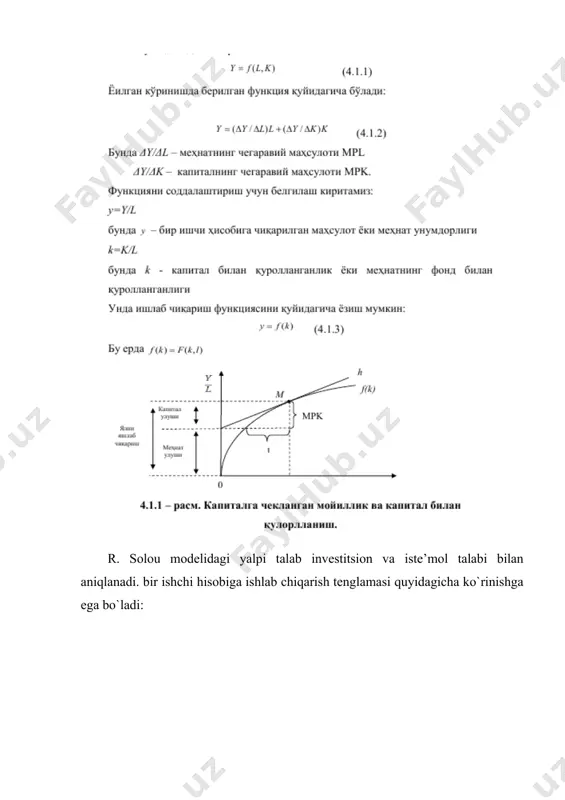 ori (dk) ni tashkil etadi. kapitalning har yili chiqib ketadigan qismi kapital zahiralari bilan proporsional. shunday qilib, investitsiyalarda chiqib ketishning va kapital zahiralariga ta’sirini quyidagi formula bilan ifodalash mumkin. bu yerda lk- bir ishchiga to`g`ri keladigan, kapital zahiralarining o`zgarishi. investitsiyalar va jamg`armalar tengligidan foydalanib. quyidagiga ega bo`lamiz. u kapitala zahirasi (k) investitsiyalar chiqib ketish hajmi bilan tenglashganga qadar ((sf(k) = dk)) o`z ishni (m>0) ko`rsatadi. bu holatni ye nuqta ifodalab unga mehnatning kapital bilan qurollanganlikning barqaror darajasi k* muvofiq keladi. k* ga erishganda iqtisodiyot uzoq muddatli muvozanat holatida bo`ladi. kapitalning boshlang`ich hajmiga bog`liq bo`lmagan ravishda, u keyinchalik barqaror holatga ega bo`ladi. agar kapital zahiralari barqarorlik darajasi (k1) dan past bo`lsa investitsiyalar chiqib ketishdan ortiq bo`ladi, kapital bilan qurollanganlik oshadi va o`sib boradi.- (k*) darajasiga yetmaguncha. agar kapital zahiralari (k2) nuqtaga mos kelsa, unda investitsiyalar eskirishdan kam bo`ladi. demakki kapital zahiralari qisqarib (k*) darajasiga yaqinlashib boradi. kapital bilan qurollanganlikning muvozanatli darajasiga …