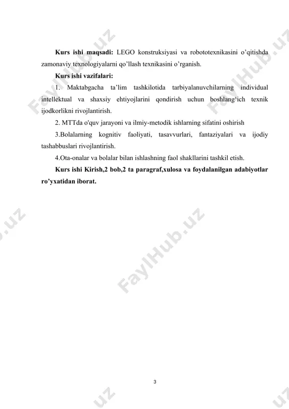 nstruktori bilan o'ynab, bolalar nafaqat o'rganadilar, balki dam olishadi. lego konstruksiyalaridan foydalanish ta'sirning juda samarali ijtimoiylashuv usullariga ega bo'lgan ta'limning yangi turidir: qoida tariqasida, bolalar guruhda ishlaydi (har bir bolaning fikri muhokama qilinadi va hisobga olinadi). ma'lumki, "lego" dan foydalanish quyidagilarga yordam beradi: 1. bolalarda sensorli tushunchalarni rivojlantirish, chunki asosiy ranglarda bo'yalgan turli shakllarning qismlari ishlatiladi; 2. yuqori psixik funktsiyalarni rivojlantirish va takomillashtirish (xotira, diqqat, fikrlash, tahlil, sintez, tasniflash, umumlashtirish kabi psixik jarayonlarni rivojlantirishga urg'u beriladi); 3. qo'llarning barmoqlarini o'rgatish, bu nozik vosita ko'nikmalarini rivojlantirish uchun juda muhim va bolaning qo'lini yozishga tayyorlashga yordam beradi; 4. bolalar jamoasini birlashtirish, bir-biriga nisbatan hamdardlik tuyg'usini rivojlantirish, chunki bolalar birgalikda muammolarni hal qilishni, rollarni taqsimlashni va bir-birlariga ushbu konstruktiv yechimning ahamiyatini tushuntirishni o'rganadilar. 5. konstruktiv faoliyat nutqni rivojlantirish bilan juda chambarchas bog'liq, chunki (dastavval bola bilan nimani qurmoqchiligi, qaysi qismlardan, nima uchun, qanday miqdor, o'lchovlar va hokazolar muhokama qilinadi, bu esa keyinchalik bolaning …