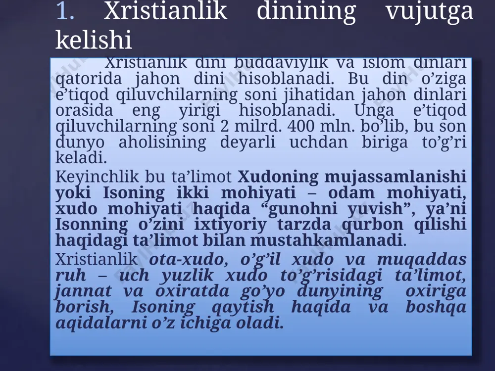 tida bir necha yo’nalishlar, mazhablar va oqimlarga bo`linadi. 20 1. pravoslav oqimi. provoslav oqimi xristianlikning uch asosiy yo’nalishidan biri o’laroq, tarixan uning sharqiy shahobchasi spatda ro’yobga chiqdi va shakllandi. bu oqim asosan sharqiy yevropa, yaqin sharq va bolqon mamlakatlarida tarqalgan. 21 2. katolik oqimi. xristianlikning yirik yo’nalishlaridan biri katoliklardir. u yevropa, osiyo, afrika va lotin amerikasi mamlakatlarida tarqalgan bo’lib, muxlislari taxminan 1 milliard 200 mln. kishini tashkil etadi. 22 3. protestantlik protestantizm tarixi martin lyuterdan (1483-1546) boshlanadi. u birinchi bo’lib katolik cherkovi bilan aloqani uzdi va protestant cherkovining asosiy qoidalarini ishlab chiqdi va uni himoya qildi. bu nizomga ko'ra, insonning xudo bilan bevosita muloqoti mumkin. kalvinizm. diniy islohatning boshqa bir yirik arbobi jan kalvin (1509-1564) edi uning 1536 yilda nashr etilgan “xristian dinidagi ko’rsatmalar” degan bosh asari, protestantizm ta’limot sifatida shakillanganidan keyin yangi bir diniy yo’nalish – kalivinizmning asosi bo’lib qoldi. { 23 presviterianlar. presviterianlik kalvinistik cherkovdan kelib chiqqan bo’lib, …