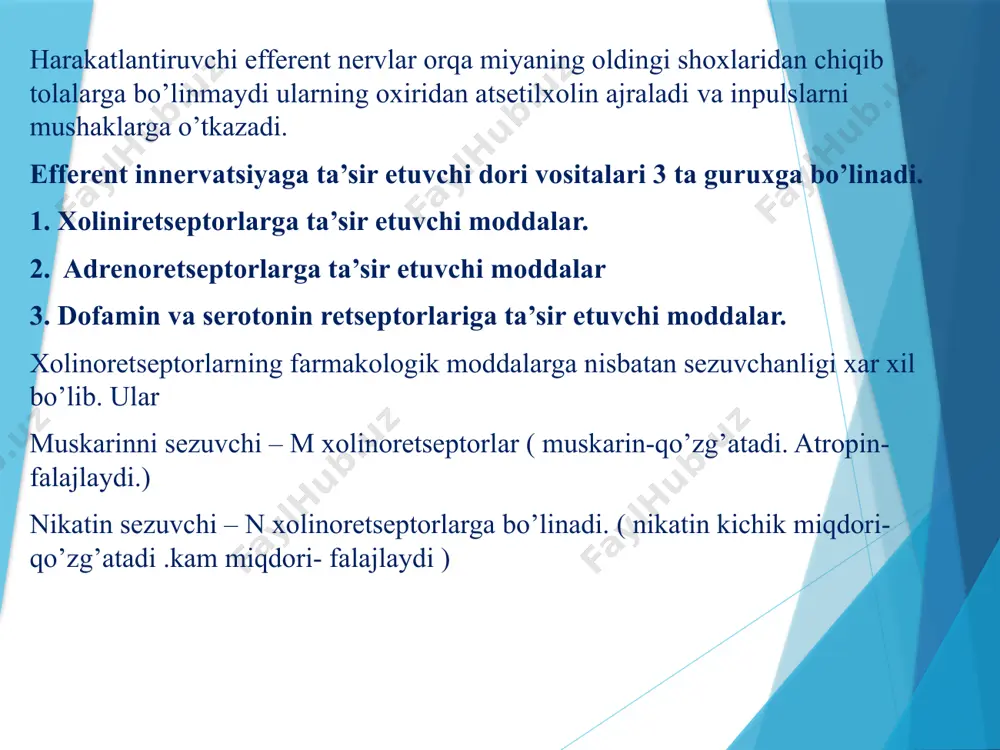 kuchayadi. - bezlar faoliyati oshadi - ko’z mushaklariga ta’siri - mushaklar torayadi - qorachiq torayadi - ko’z bosimi pasayadi - ko’z kipriksimon mushaklari torayadi - n-xolinoretseptorlarga ta’siri - qon bosimi oshadi - yurak urushi tezlashadi - nafas olish qiyinlashadi, hansirash yuzaga keladi bronxial astma borligini aniqlashda ishlatiladi ( xuruj bo’lmagan vaqtda sepiladi, ) karboxolin- ( qisqartiradi) ancha chidamli xolinesteraza uni parchalay olmaydi ta’siri davomli bo’ladi. -bilvosita ta’siri sababli vagusga o’xshab yasir ko’rsatadi shuning uchun bolalarda paraksizmal taxikardiyani davolashda ishlatiladi qo’llash mumkun bo’lmagan xolatlar: - yurak qon- tomir yetishmovchiligida - surunkali zotiljamda - gipertoniya kasalligida bronxial astmada. m, n xolinoblakatorlar: markaziy xolinolitiklar, bular markaziy nerv- sistemasiga ta’sir etuvchi dori vositalari bilan birga qo’llaniladi. 2) xolinesterazaga qarshi moddalar bilvosita m va n xolinomimetiklar- xolinesterazaning esteraza markazini bog’laydigan moddalar fosforlanishga uchraydi, mustahkam bog’lanib ta’siri qaytmas bo’ladi. shunga ko’ra xolinesterazaga qarshi moddalar 2- guruhga bo’linadi. 1-asliga qaytar ta’sir ko’rsatadigan- fizostigmin, prozerin, galantamin, dezoksipeganin 2- …